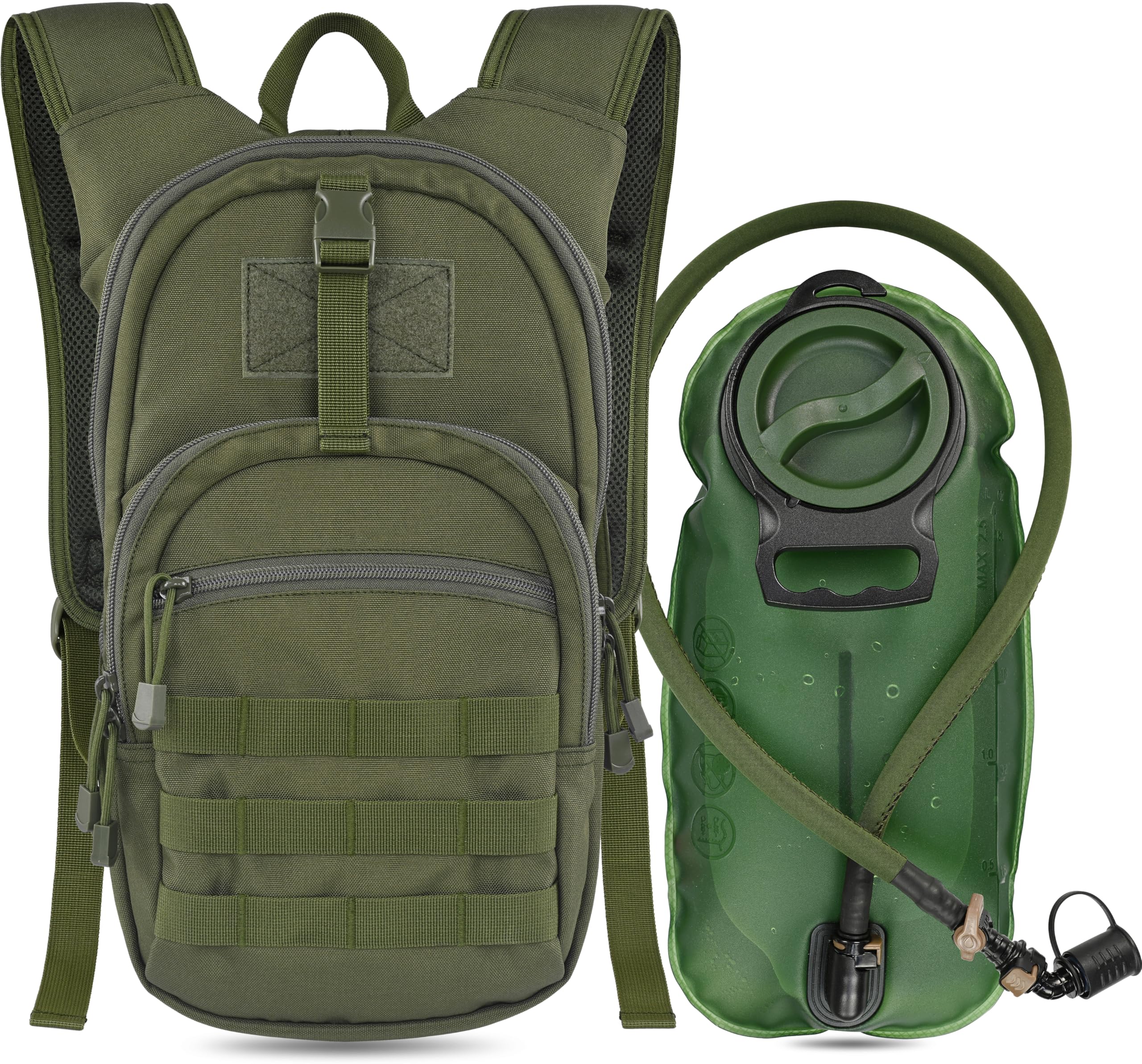 MARCHWAY Tactical Molle Hydration Pack with 2.5L TPU Water Bladder, Low-Profile Organized Military Backpack for Hiking, Cycling, Backpacking, Hunting, Running (Green)
