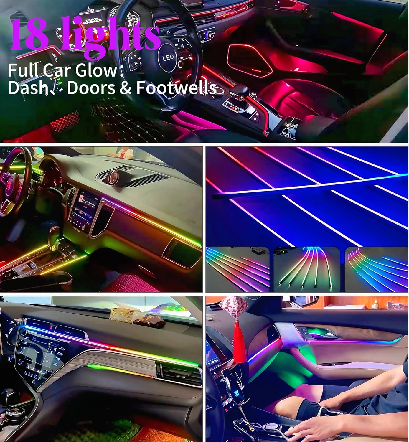 Acrylic Interior Car LED Strip Lights, Dreamcolor 18-in-1 Car Ambient Lighting Kit, with APP Control, 622 LED Fiber Optic Strip Lights for Cars, Supports Neon Sync with Music DIY Mode.
