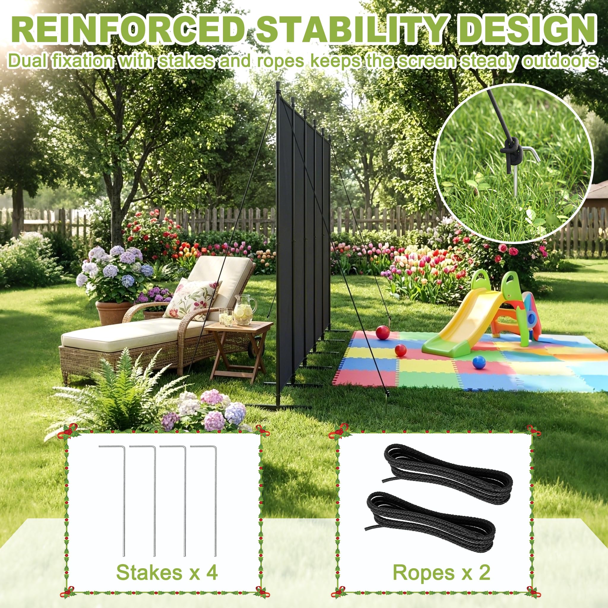 UISEBRT 240 x 180 cm Paravent Outdoor wetterfest mit Heringen und Abspannleinen,Klappbar Freistehend Trennwand ohne Bohren,mobiler sichtschutz für Garten Balkon terrasse,3 Teilig Hellgrau