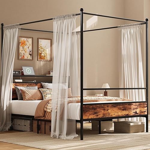 LIKIMIO Canopy Bed Frame Queen with Storage Headboard & Charging Station, Sturdy Metal Platform Bed with 4 Removable Posts, Dual Purpose Bed Frame, No Box Spring Needed, Noise Free