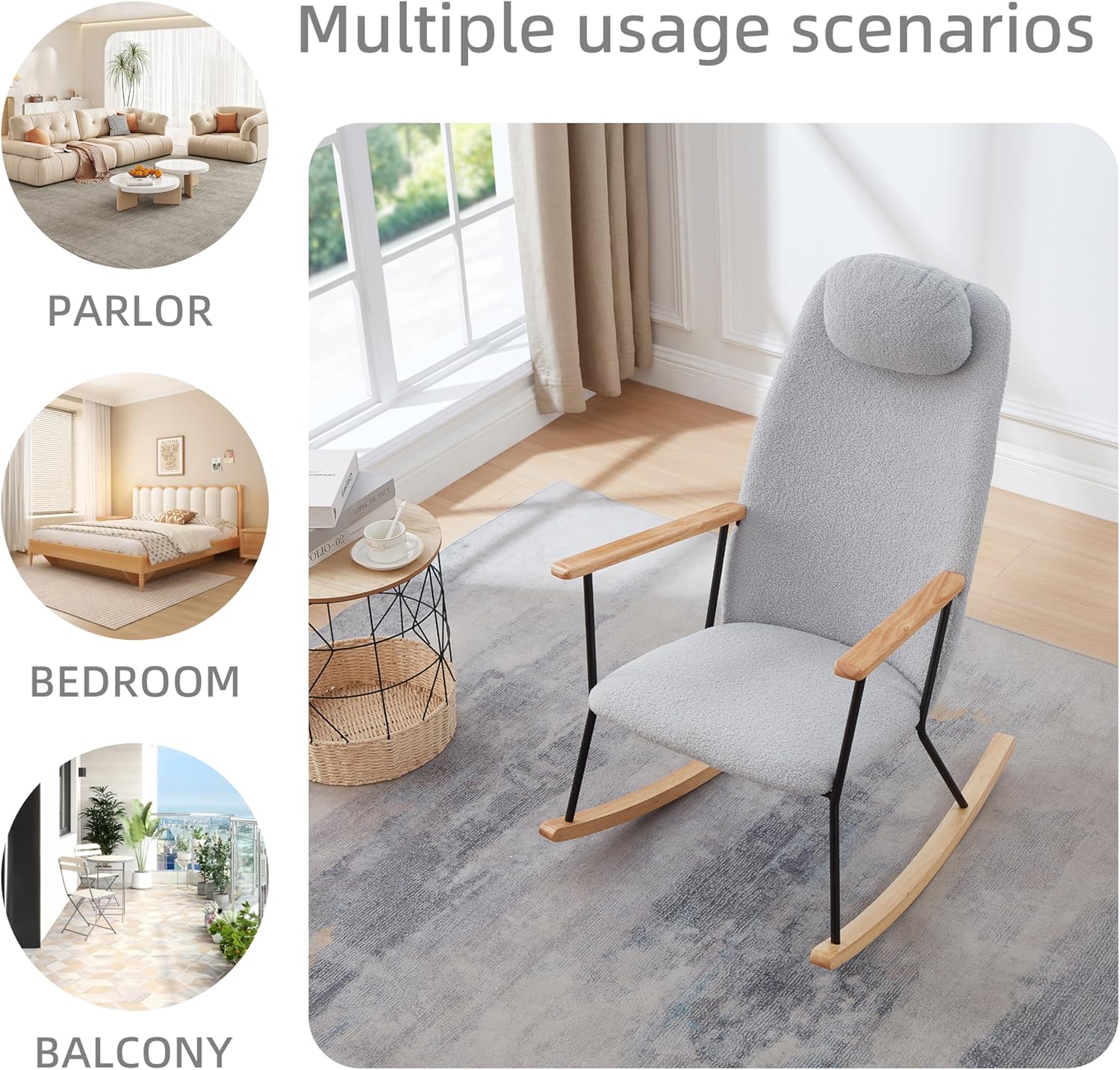 Nursery Rocking Chair Indoor, Small Rocking Chairs for Small Spaces, Upholstered Rocker Chair with High Back& Headrest Pillow, Comfy Rocking Chair for Bedroom, Living Room, Patio& Porch (Light Grey)