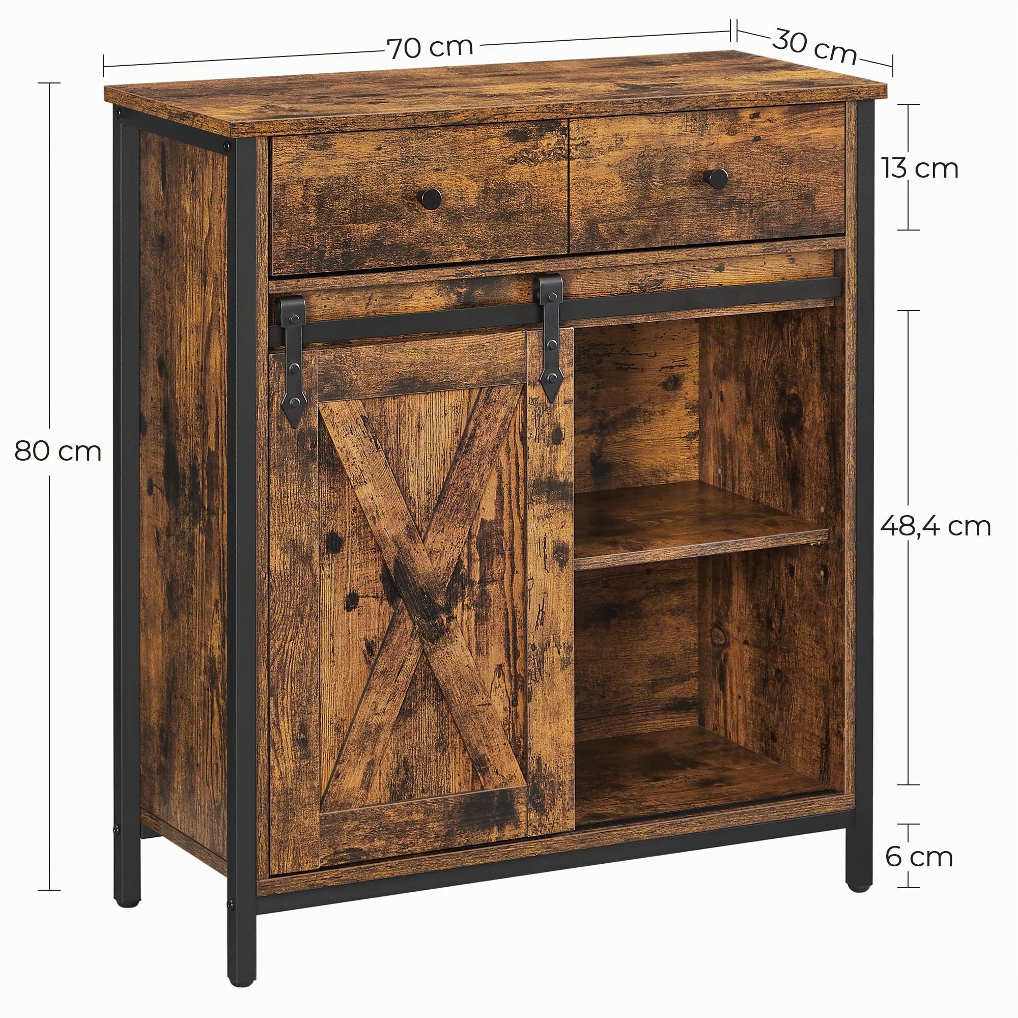 VASAGLE Sideboard, KÜchenschrank, Aufbewahrungsschrank, mit SchiebetÜr, 30 x 70 x 80 cm, verstellbare Ablage, Landhausstil, fÜr Wohnzimmer, vintagebraun-schwarz LSC100B01