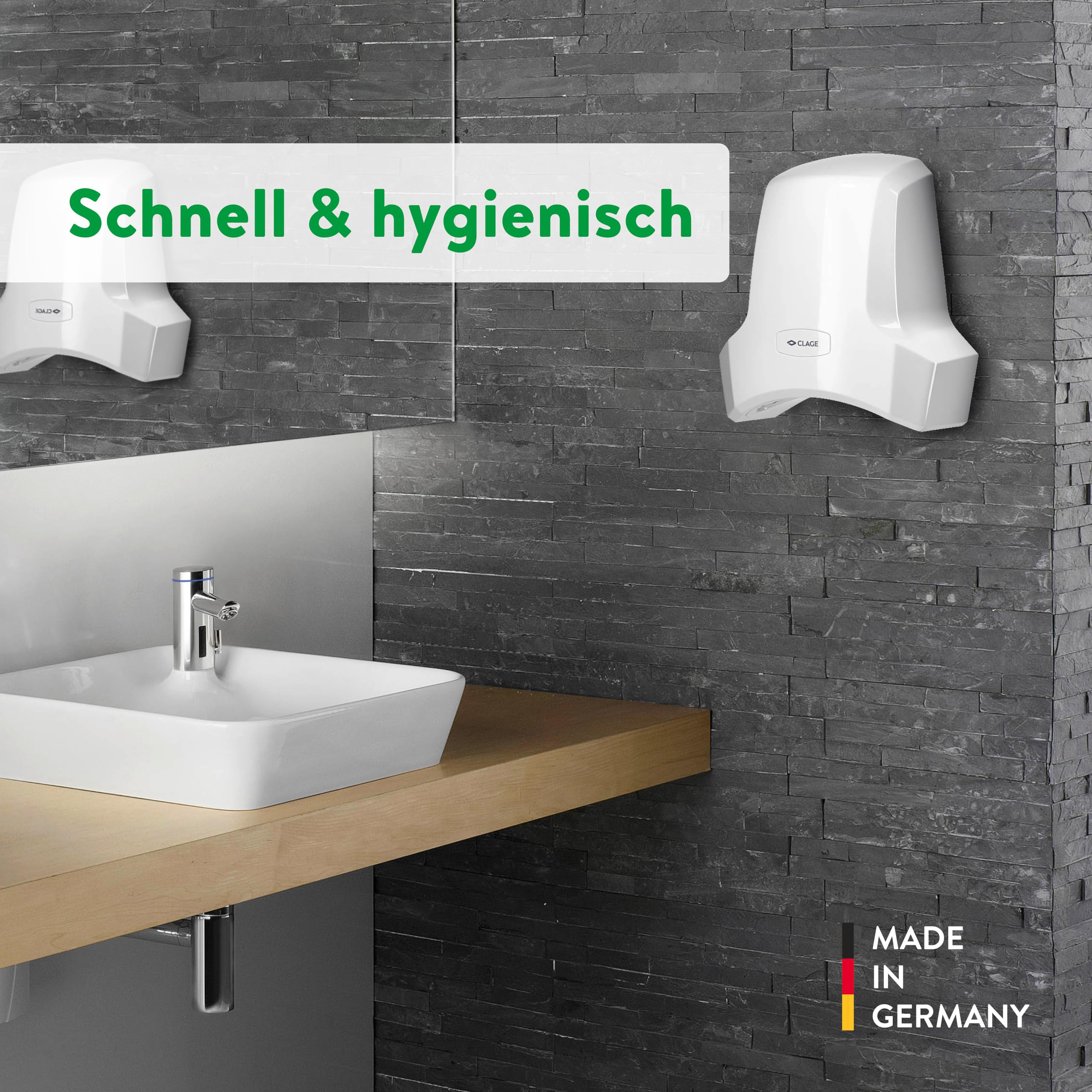 CLAGE WHT Warmlufthändetrockner – Hygienischer & energieeffizienter Händetrockner mit Warmluft – Leistungsstark, geräuscharm & langlebig – Perfekt für Büro, Gastronomie & öffentliche Bereiche