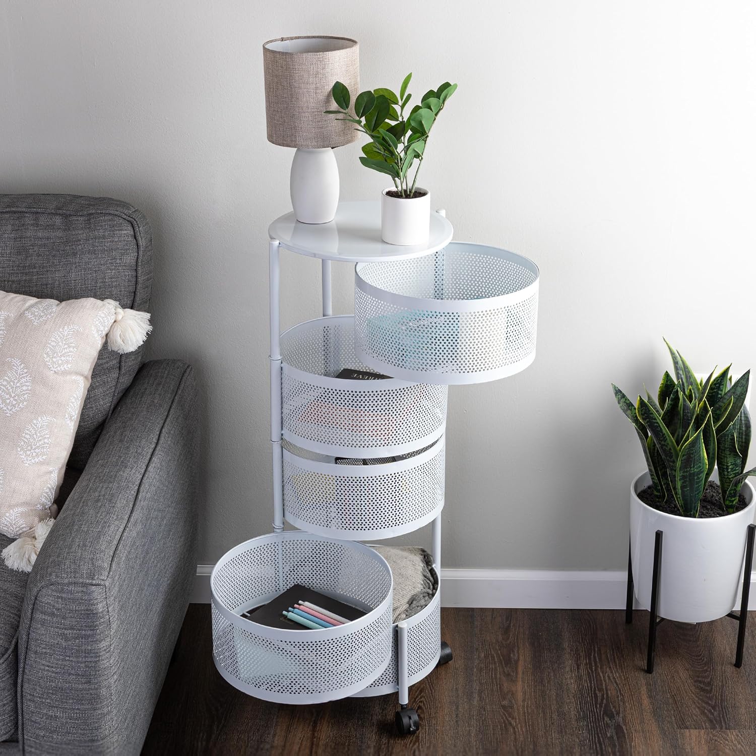 Home-Complete Kitchen Storage Rolling Cart with Wheels - 5 Tier Rotating Fruit and Vegetable Baskets for Kitchen Organization and Storage - Metal Cart for Pantry, Bathroom, or Craft Room (White)