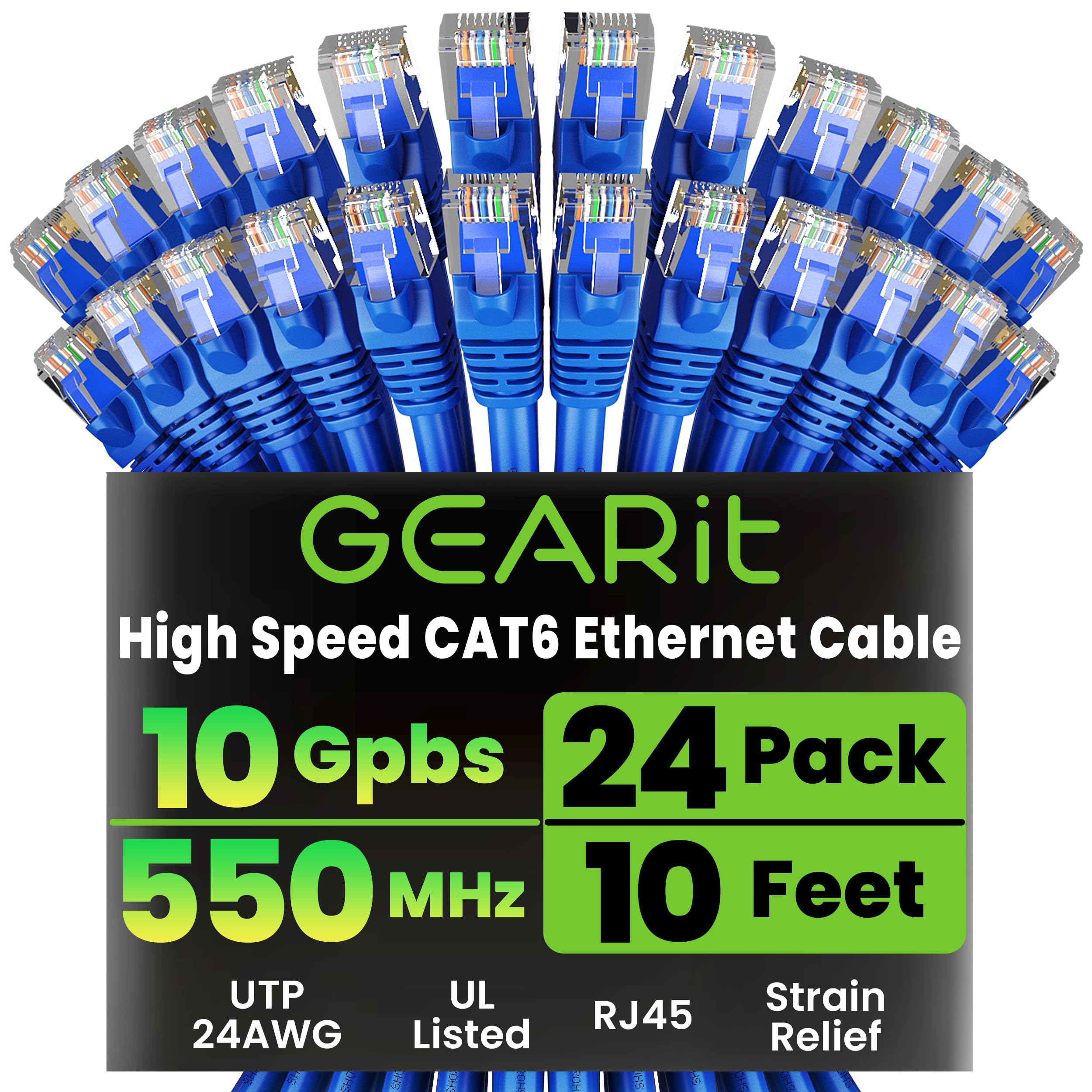 GEARit Cat6 Patch Cables Cat 6 Ethernet Cable 10 ft 24-Pack Blue | High Speed 24AWG 10Gbps RJ45 Snagless Gold-Plated, Ethernet Cable for Router, Switch, PC, PS5 Gaming, Server