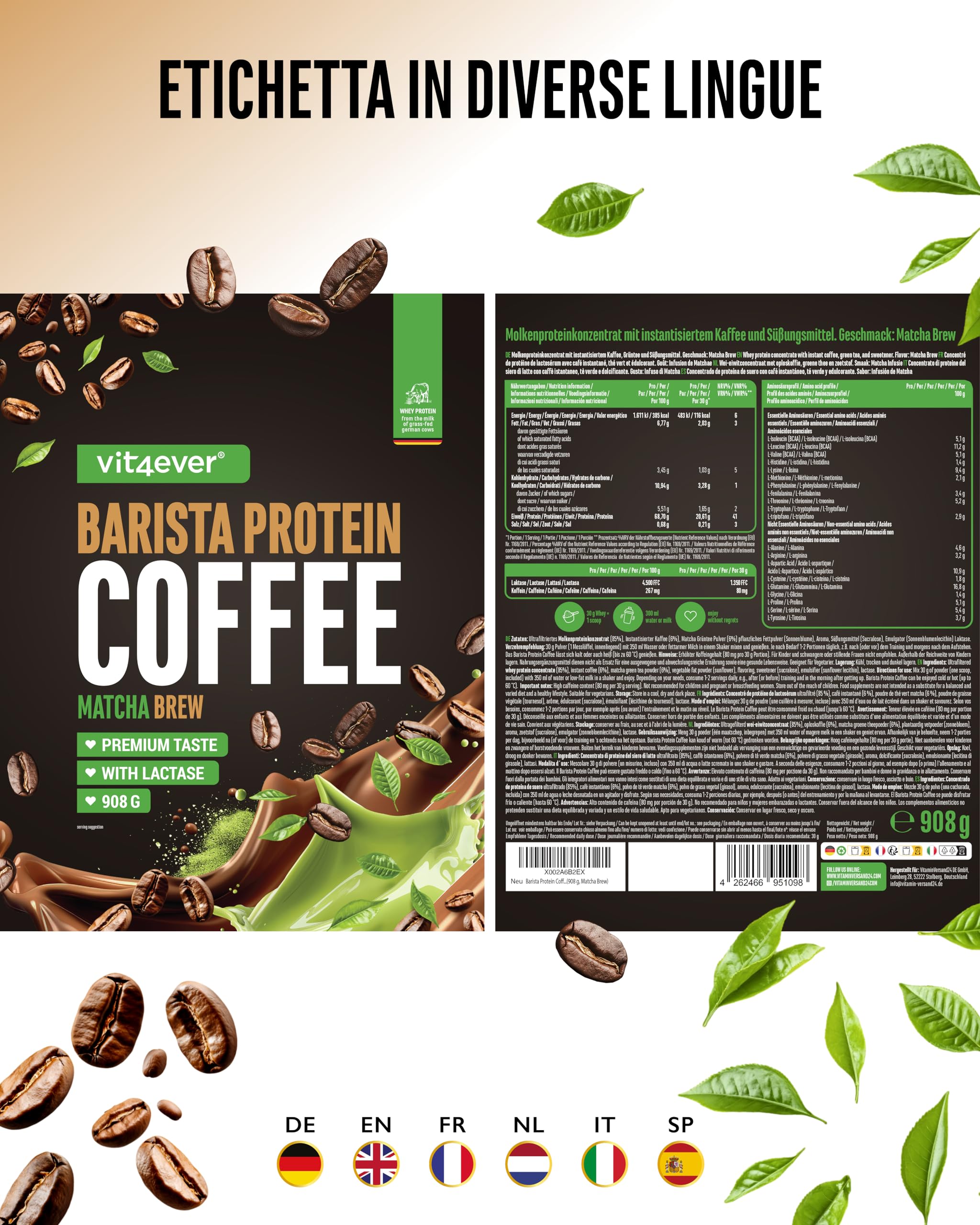 vit4ever Barista Protein Coffee - 908 g - Matcha Brew | Caffè Proteico con fino a 20 g di Proteine per Porzione - Con Vero Caffè e Caffeina - A Basso Contenuto di Zuccheri e Grassi