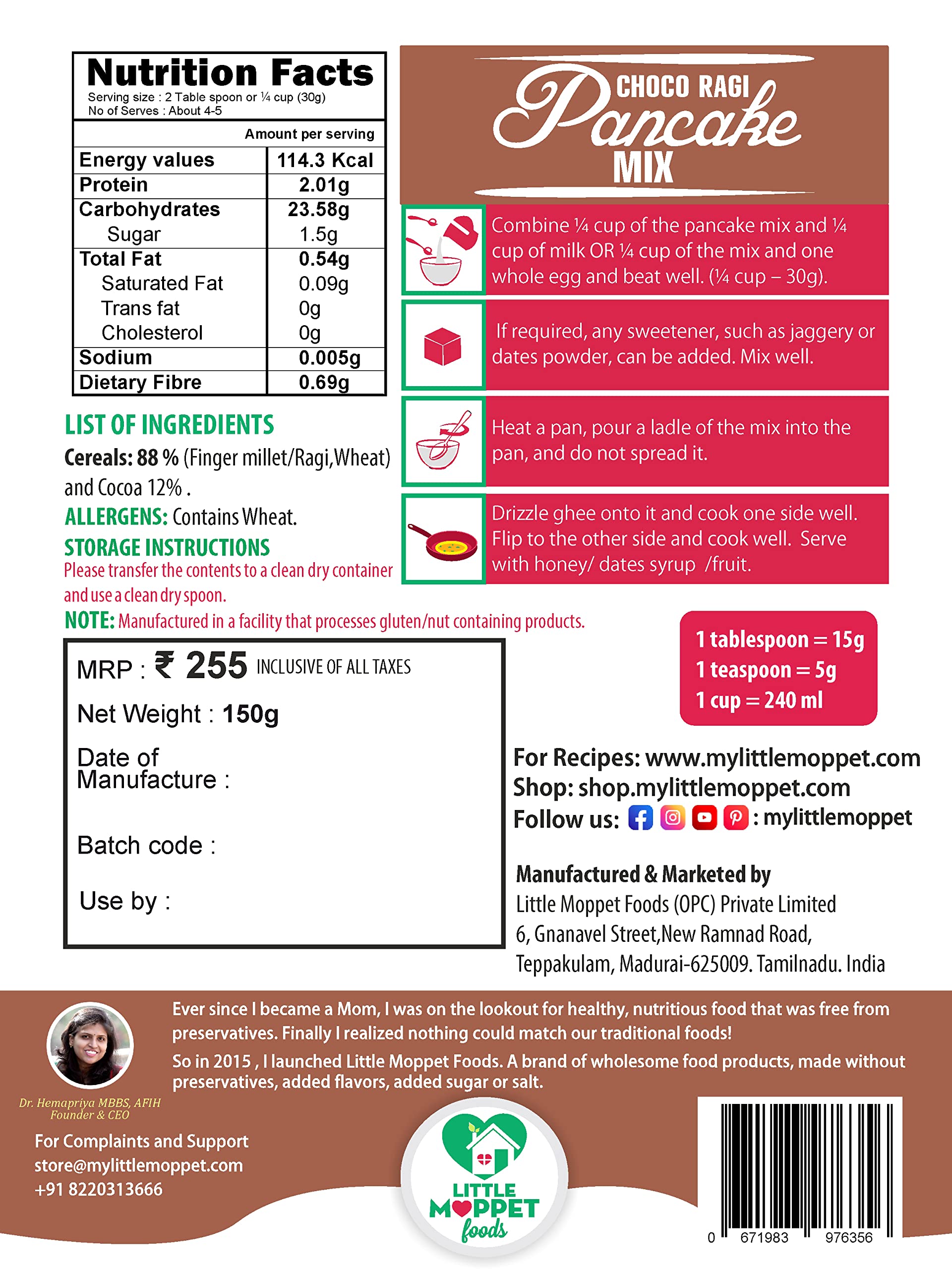 LITTLE MOPPET FOODS Choco Ragi Pancake Mix - 150 grams 1
