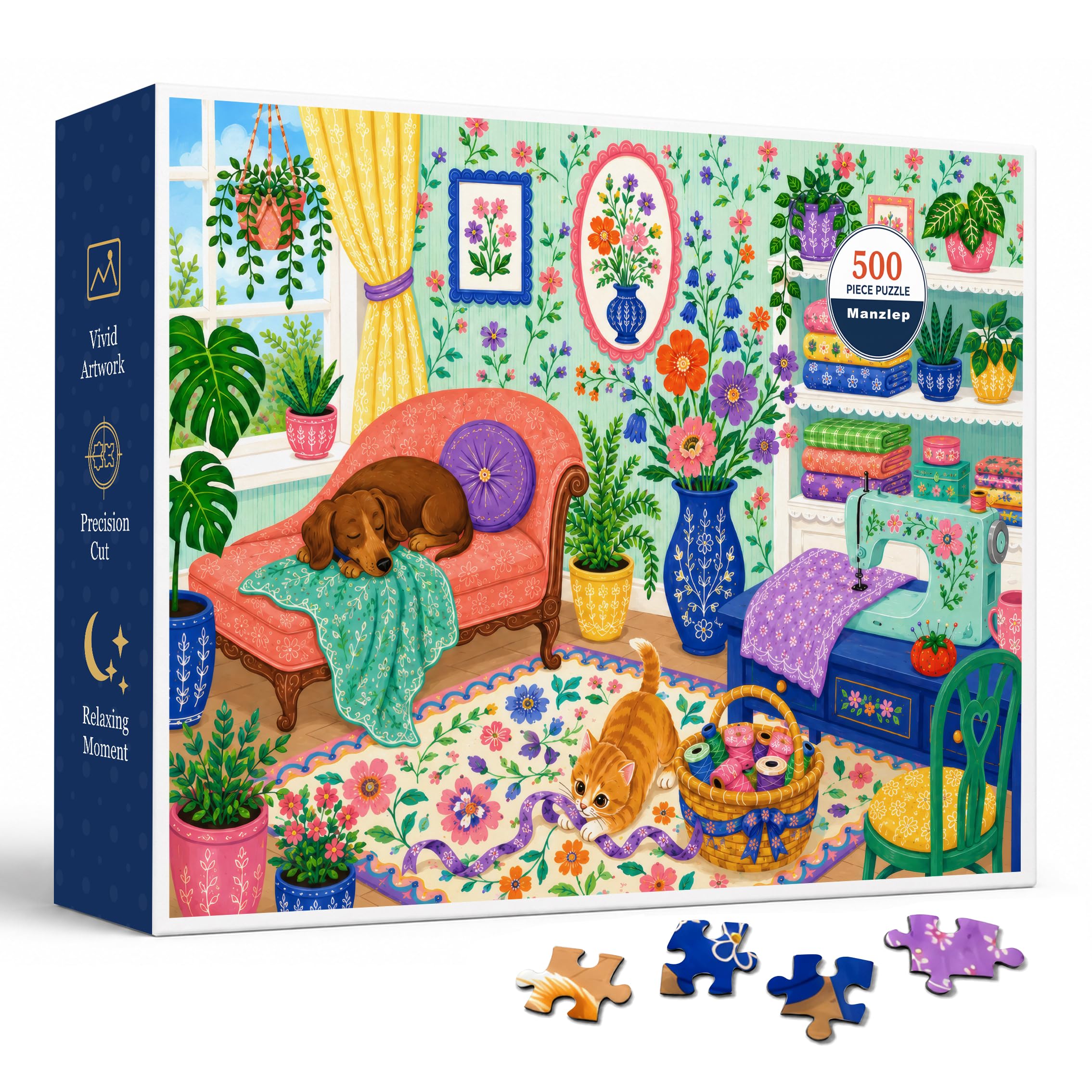 Floral Craft Room 500 Piece Jigsaw Puzzle for Adults, Cozy Sewing Room Nook with Colorful Flowers, Houseplants, Fabric Shelves, Sleeping Dog and Playful Cat in Bright Cottagecore Folk Art Style