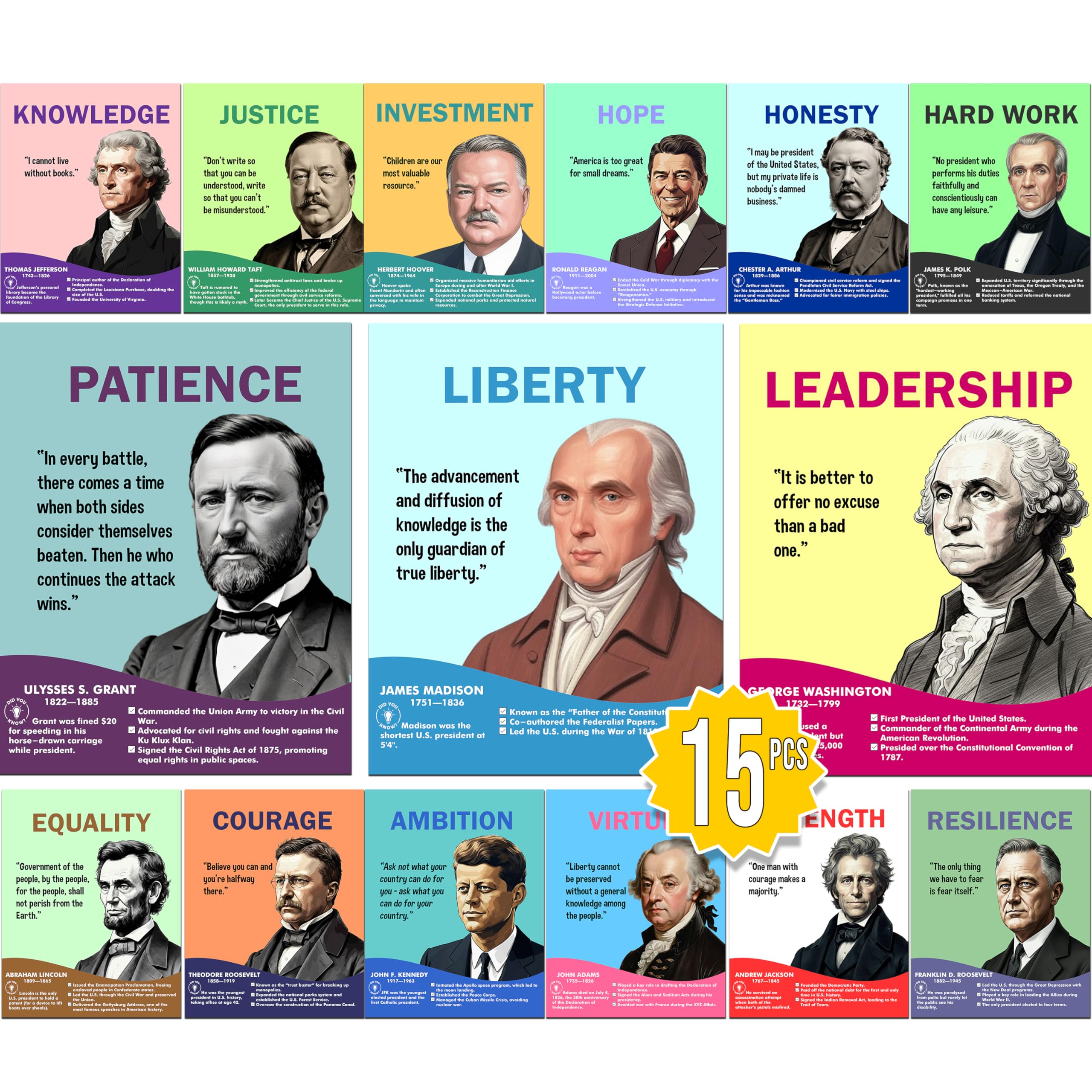 15pcs US Presidents Posters - 11x14 Growth Mindset Posters Educational Wall Art for Classroom, Home, and Office - Inspirational American History Decor for Teachers, Students, and History Enthusiasts