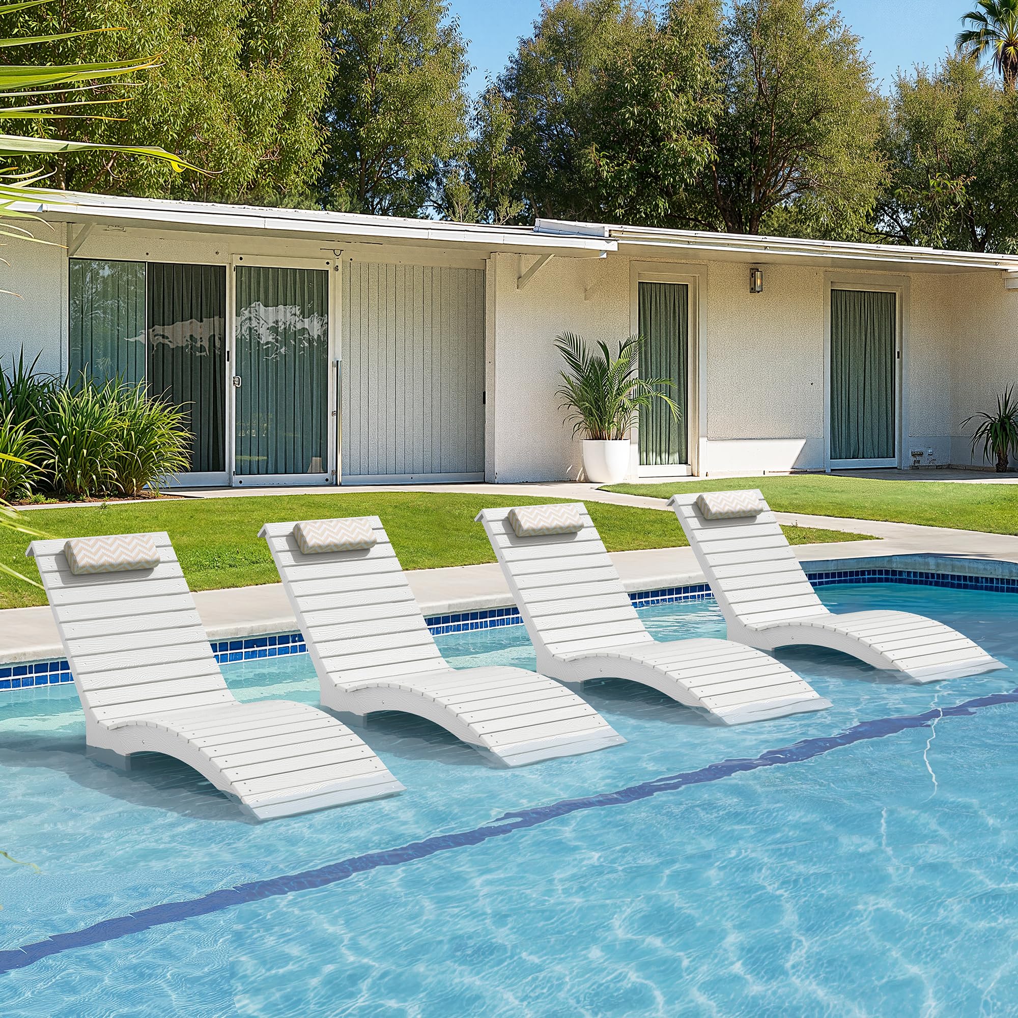 Pool Lounge Chairs Outdoor Set of 4，HDPS Long Pool Chairs for in Pools, Weighted All Weather Tanning Chair with Headrest，Chaise Lounge for Outside Beach Patio Sun Bathing Hotel, White