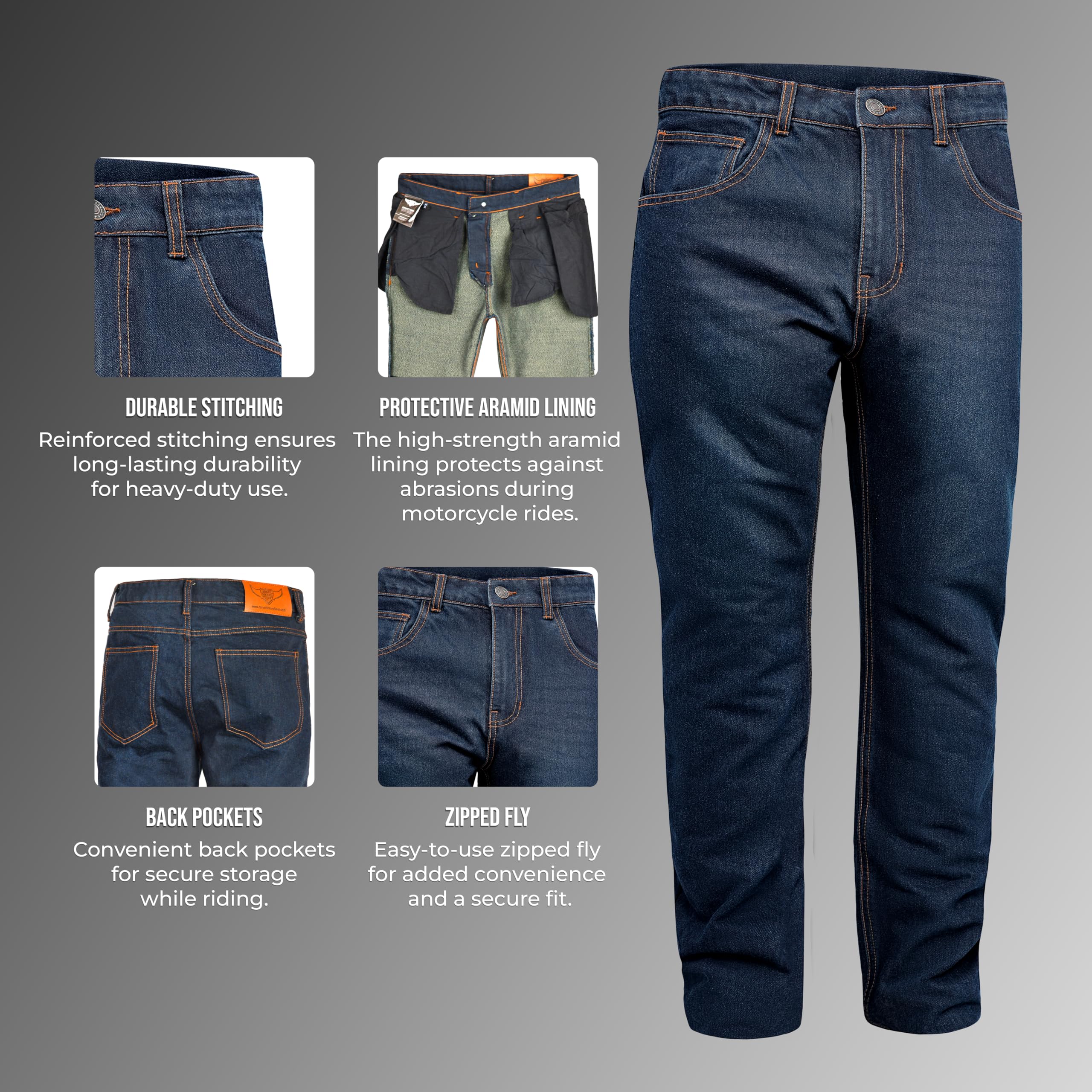 GREAT BIKERS GEAR - Jeans de protection pour homme - Doublure en aramide - Pantalon de moto - Doublure de protection renforcée - Protection des genoux et des hanches (71,1 x 81,3 cm, bleu foncé)