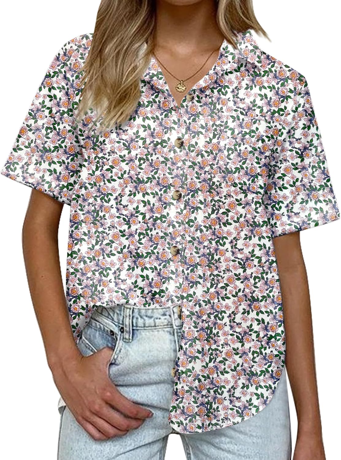 HOTOUCH Cotton Linen Button Down Shirt for Women V Neck Collared Blouse Casual Short Sleeve Tops with Pocket