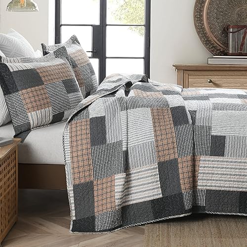 Vista 44 de SahSahCasa Juego de edredón tamaño King, juego de edredón de 100% algodón, colcha de retazos, colcha rústica ligera a cuadros para cama King, beige