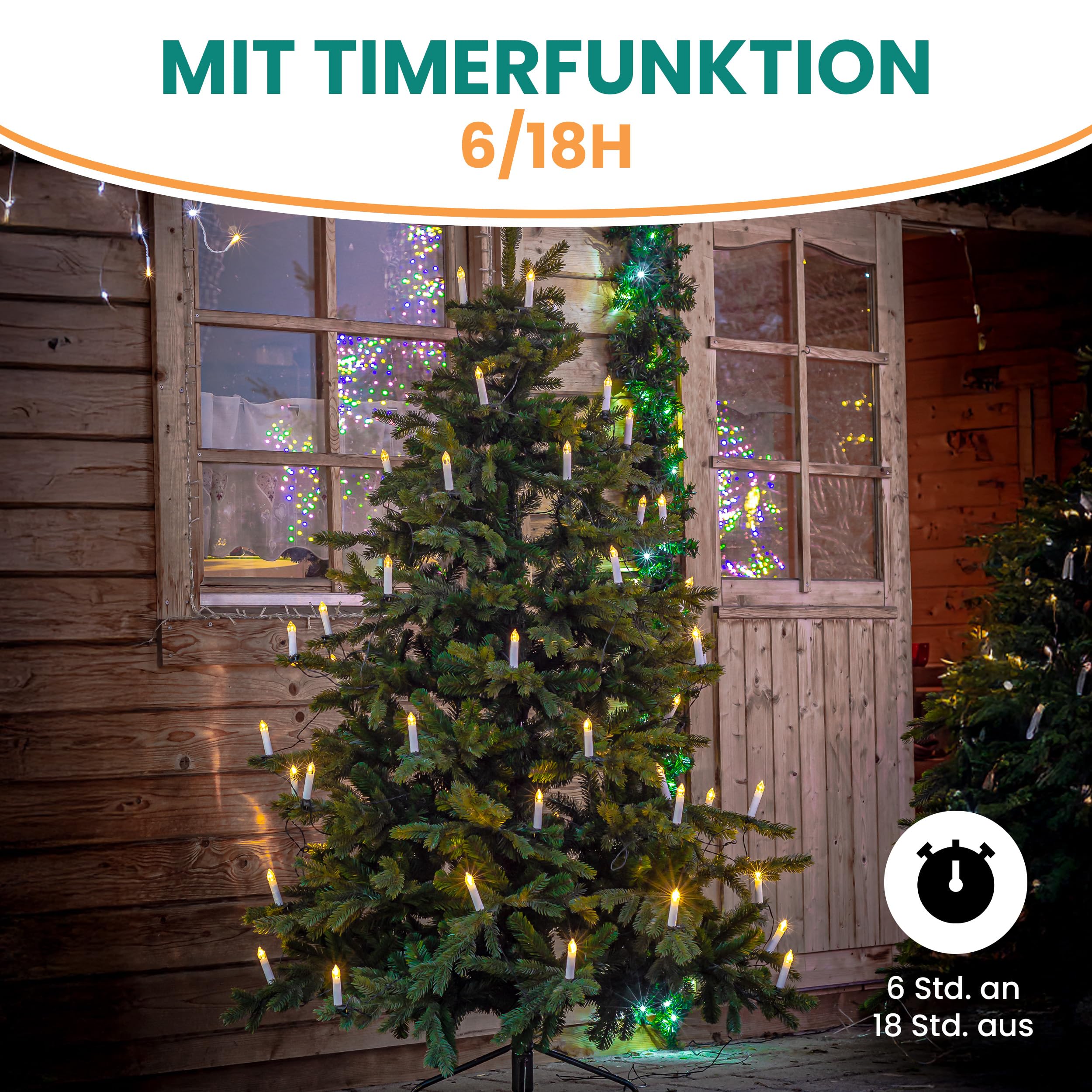 Gartenpirat Baum-Lichterkette 25 m mit 50 LED-Kerzen warmweiß Timer Weihnachtsbeleuchtung für Innen & Außen