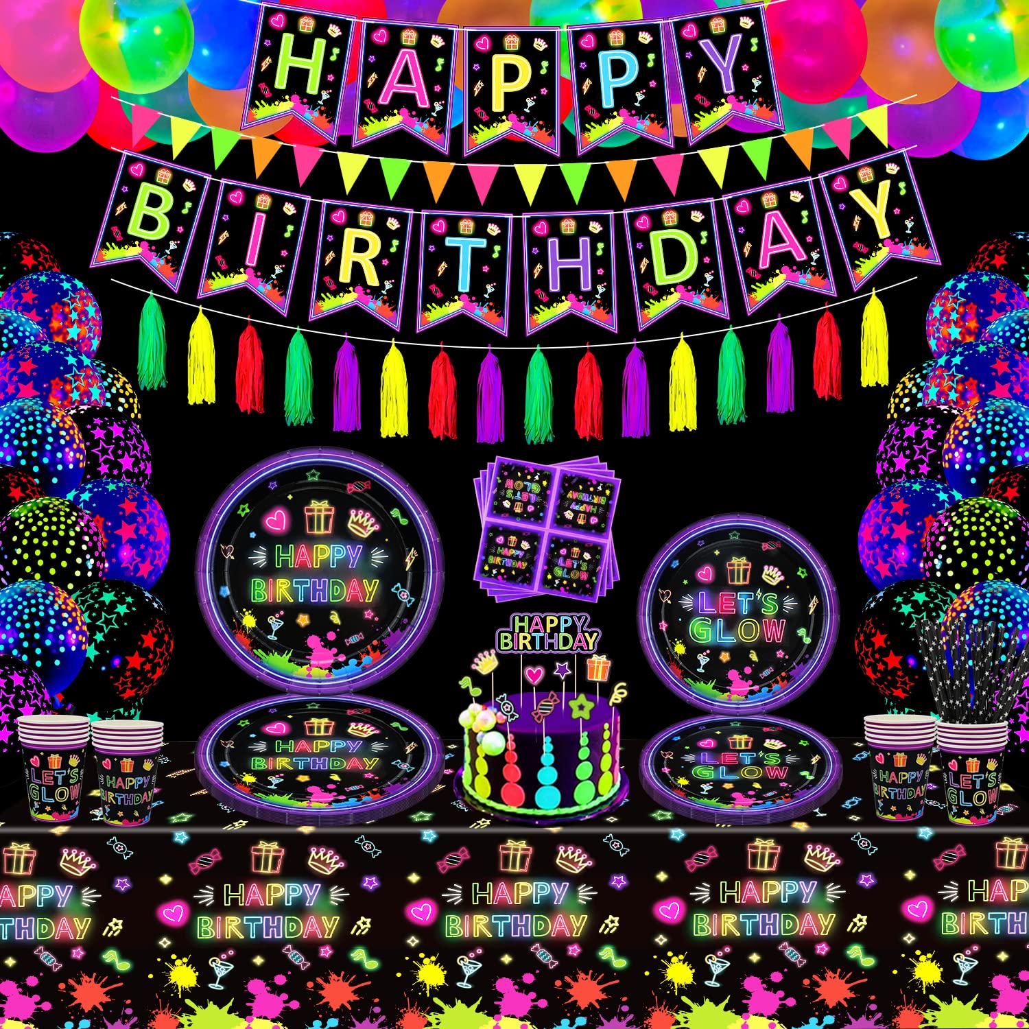 LKITMIUT 187 Pack Glow Neon Party Supplies in The Dark Decorations BlackLight Tableware Set - Plates, Black Light Banners, Fluorescent Balloons, Tablecloth, Tassels, Napkins Serves 20, (Feestplaat-1)