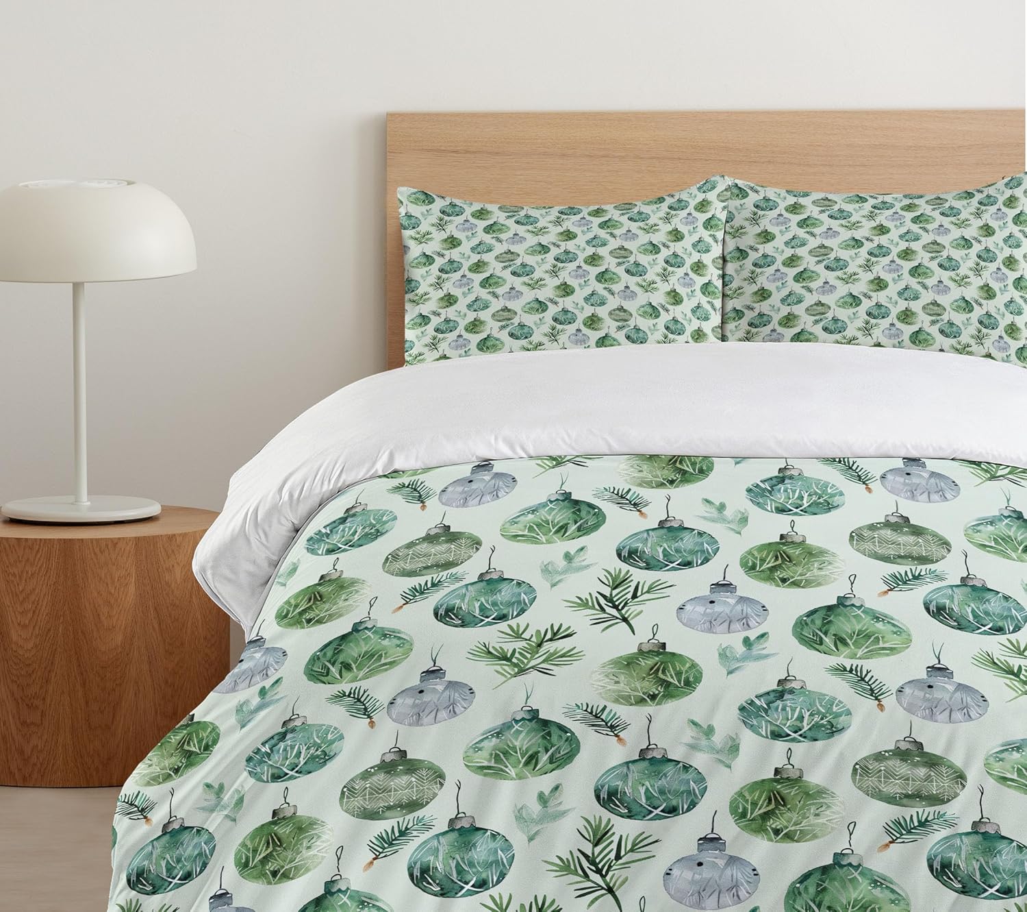 Ambesonne Christmas Duvet Cover Set, Illustration of Balls Globes and Pine Leaves Xmas Time Family Love, Decorative 2 Piece Bedding Set with 1 Pillow Sham, Twin Size, Pale Mint Green and White