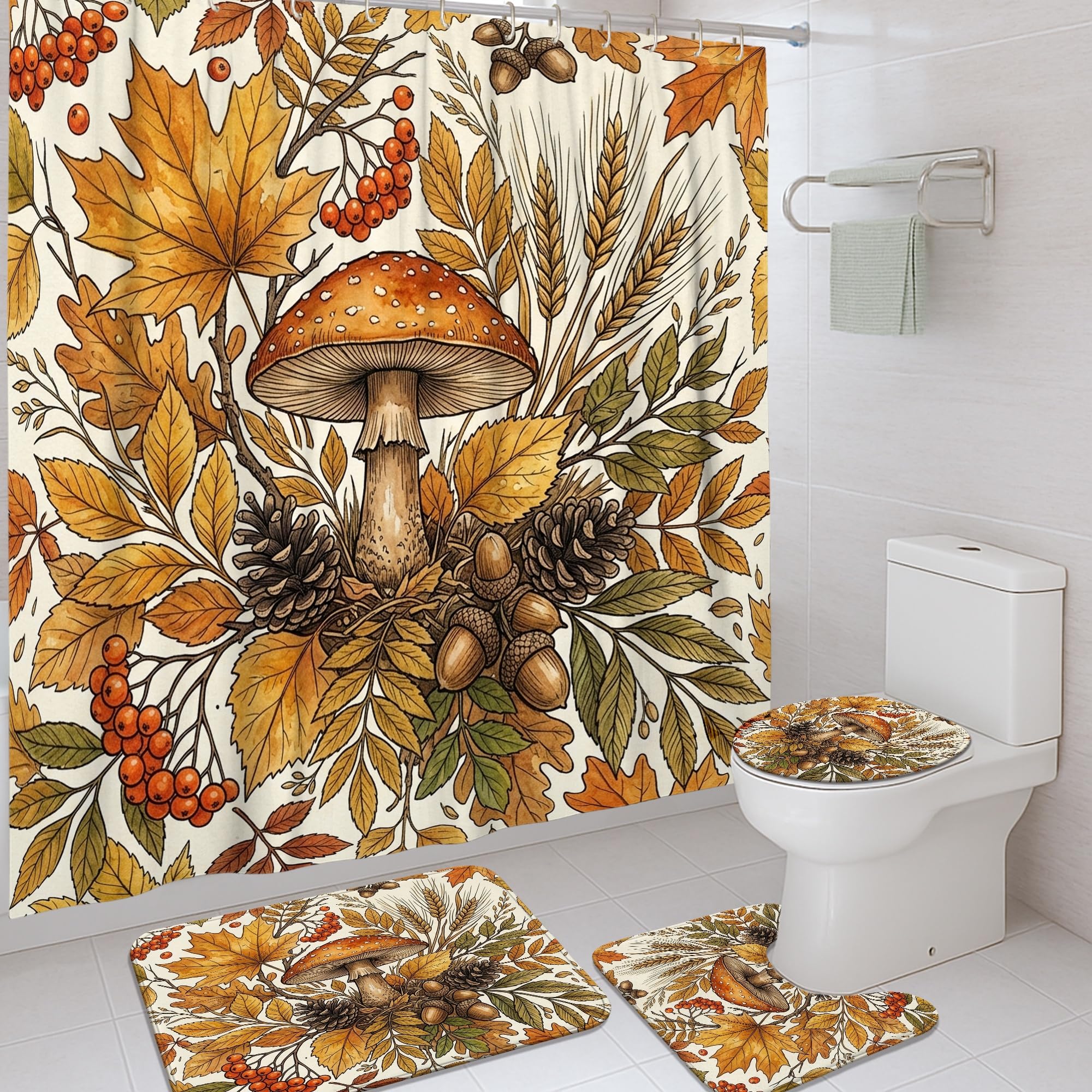 Rideaux de douche champignons orange et tapis assorti pour une salle de bain esprit nature d'automne