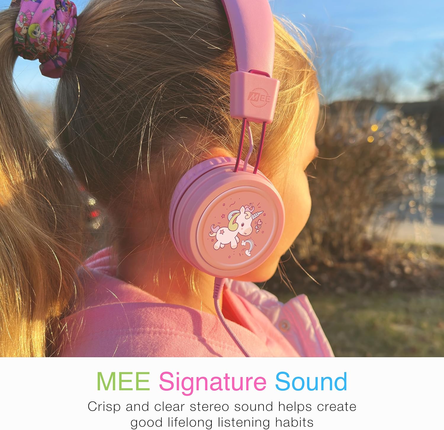 MEE audio KidJamz KJ55 Wired Children’s Headphones with 3.5mm Plug, Colorful Graphics, Volume Limiter & Microphone, Adjustable On-Ear Kids Headset for Online Learning/School/Travel/Tablet (Pink)