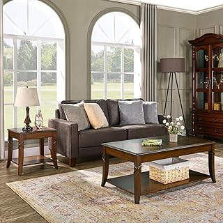 Mid-Century Modern Living Room Coffee Table Set, 2-Piece Solid Wood Living Room Table Set, 1 Solid Wood Coffee Table with Storage Shelf and 1 End Table, Cherry Walnut KFZ-DR200-2