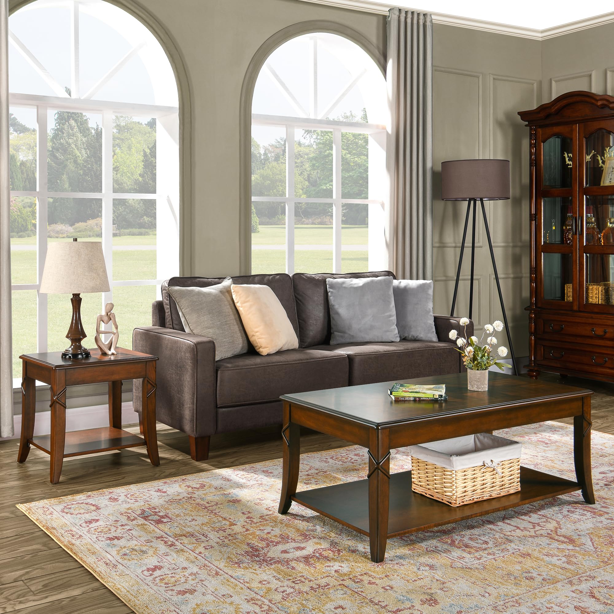 Mid-Century Modern Living Room Coffee Table Set, 2-Piece Solid Wood Living Room Table Set, 1 Solid Wood Coffee Table with Storage Shelf and 1 End