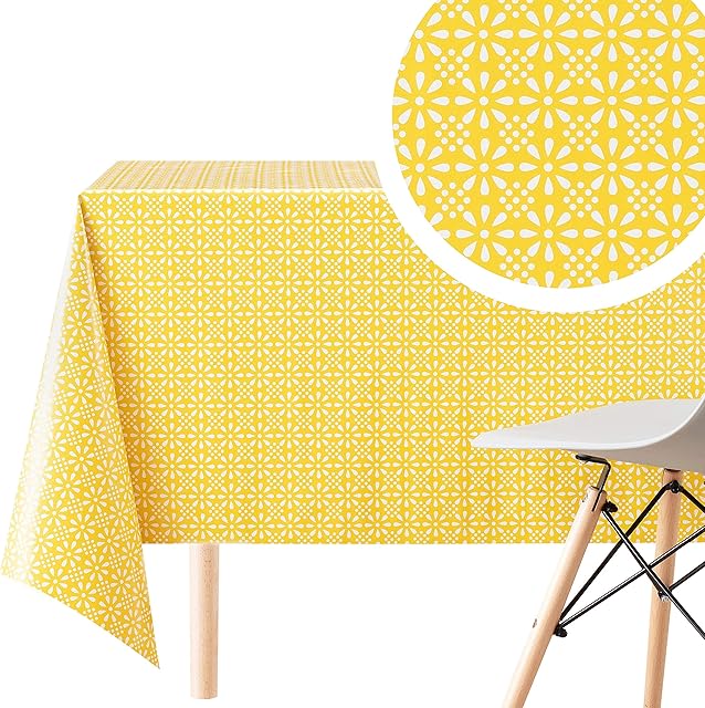 KP Home Yellow PVC Wipe Clean Tabl Cecloth With White Retro Floral Print - Oilcloth Tablecloth Rectangular PVC Table Cloth Yellow 250 x 140 cm Print Dining Table Cloth Wipeable Plastic Table Cover