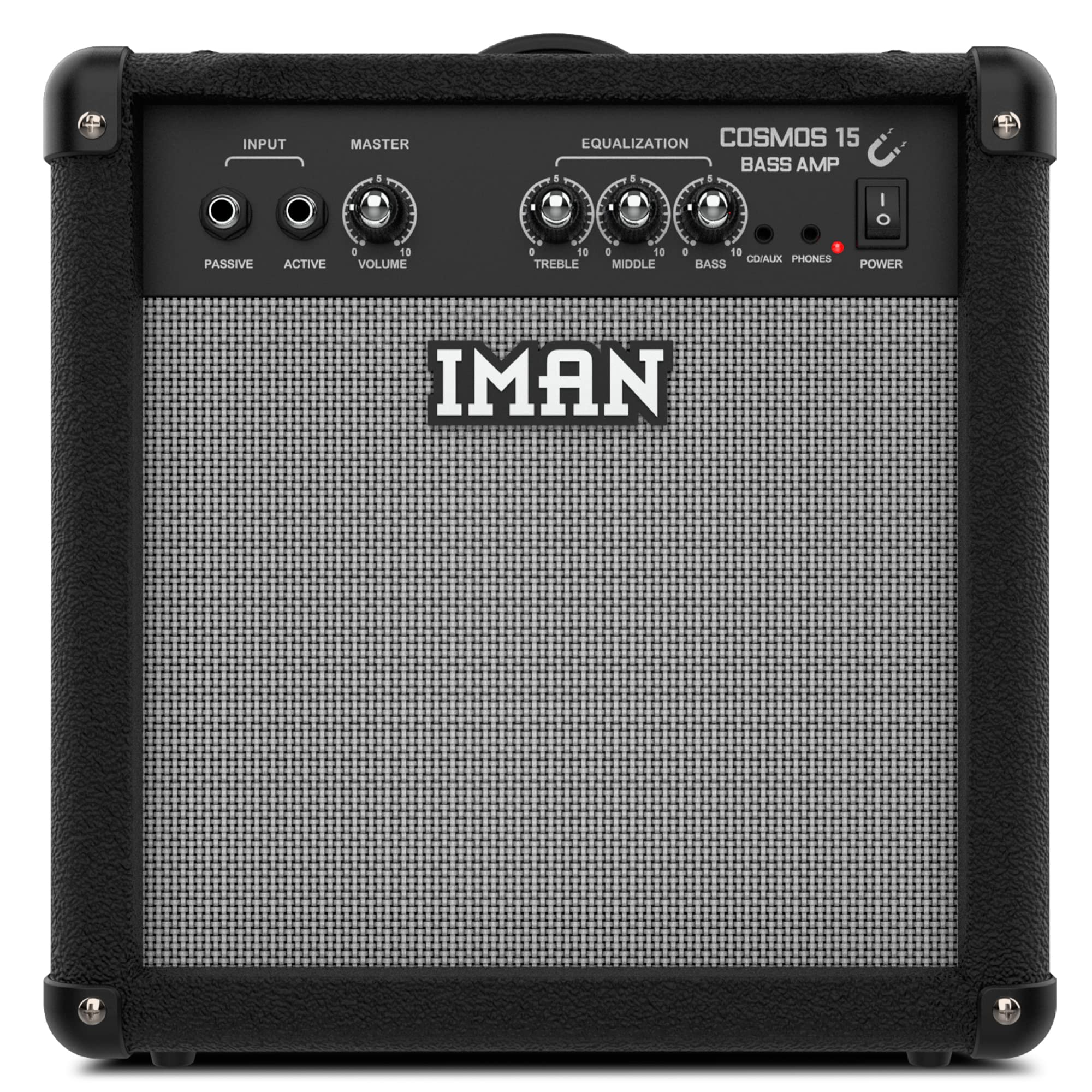 IMAN Cosmos 15 - Amplificador de Bajo Eléctrico - Amplificador Combinado de 15W para Bajo Activo y Pasivo - Dispone de Conector para Auriculares y Conexión Auxiliar - Control de Ecualización Sencillo