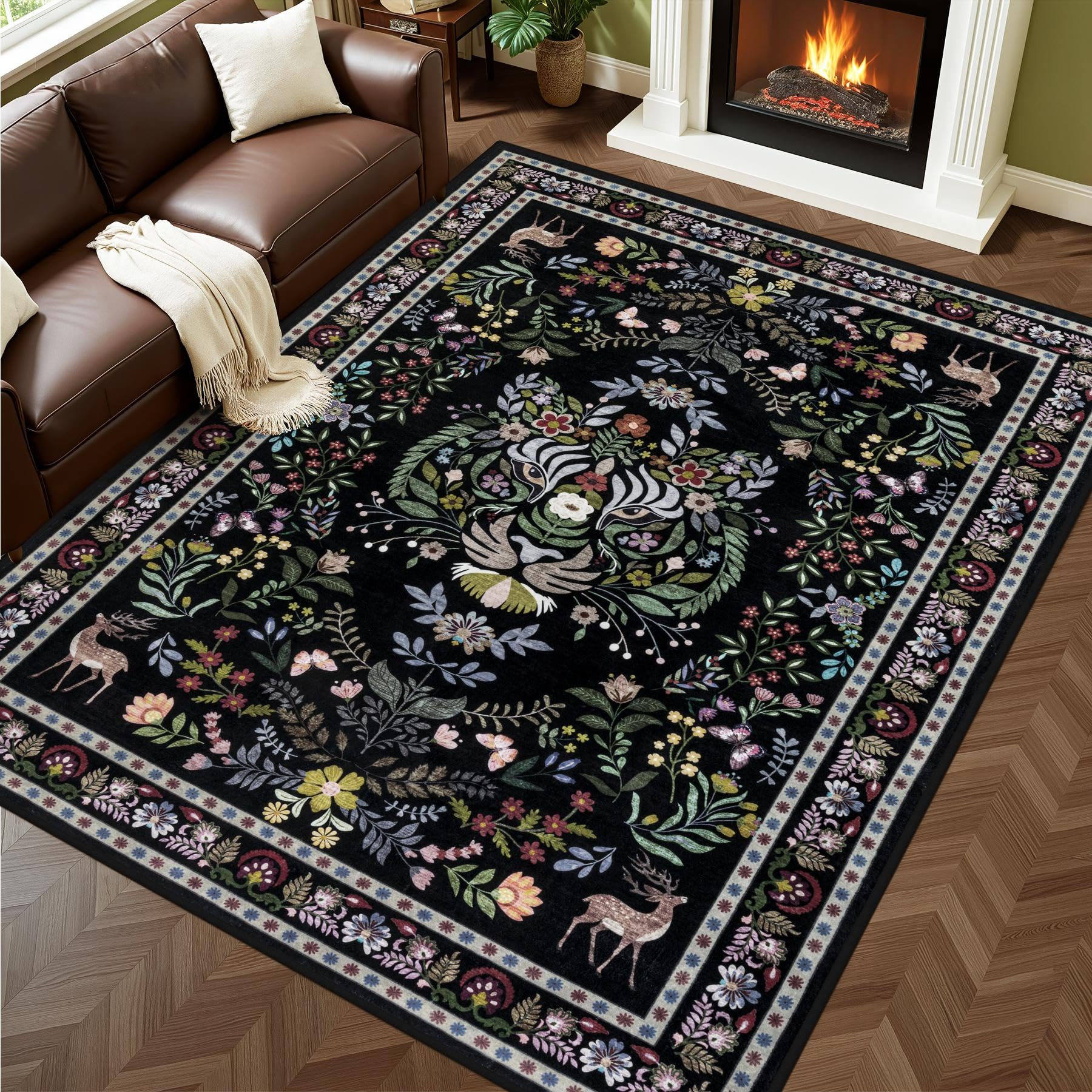 6x9 Area Rugs Living Room Rug Vintage Washable Rug Floral Soft Carpet Indoor Floor Non-Slip Boho Stain Resistant