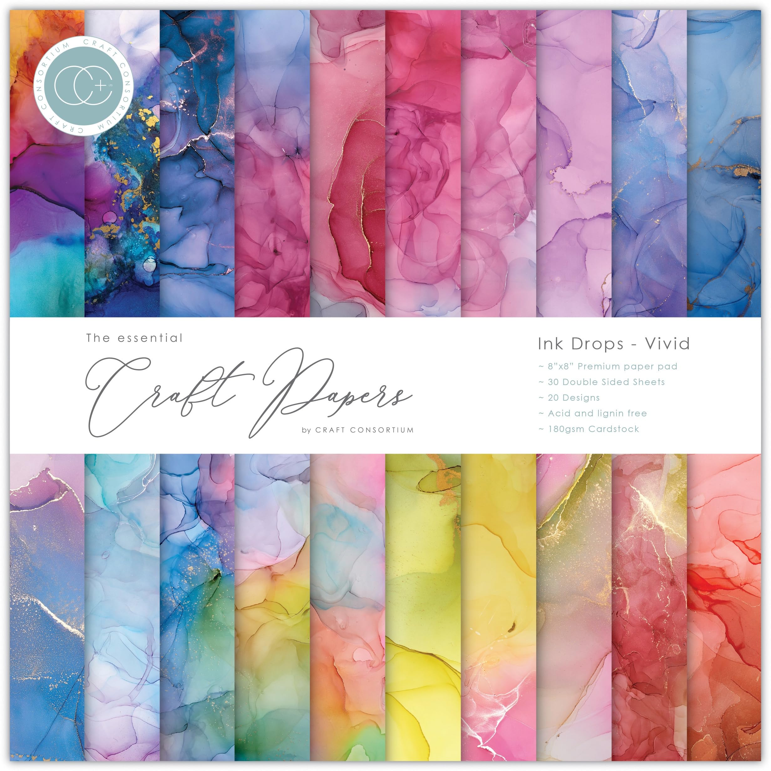 Craft Consortium Double-Sided Paper Pad 8"X8" 30/Pkg-Ink Drops Vivid, 20 Designs