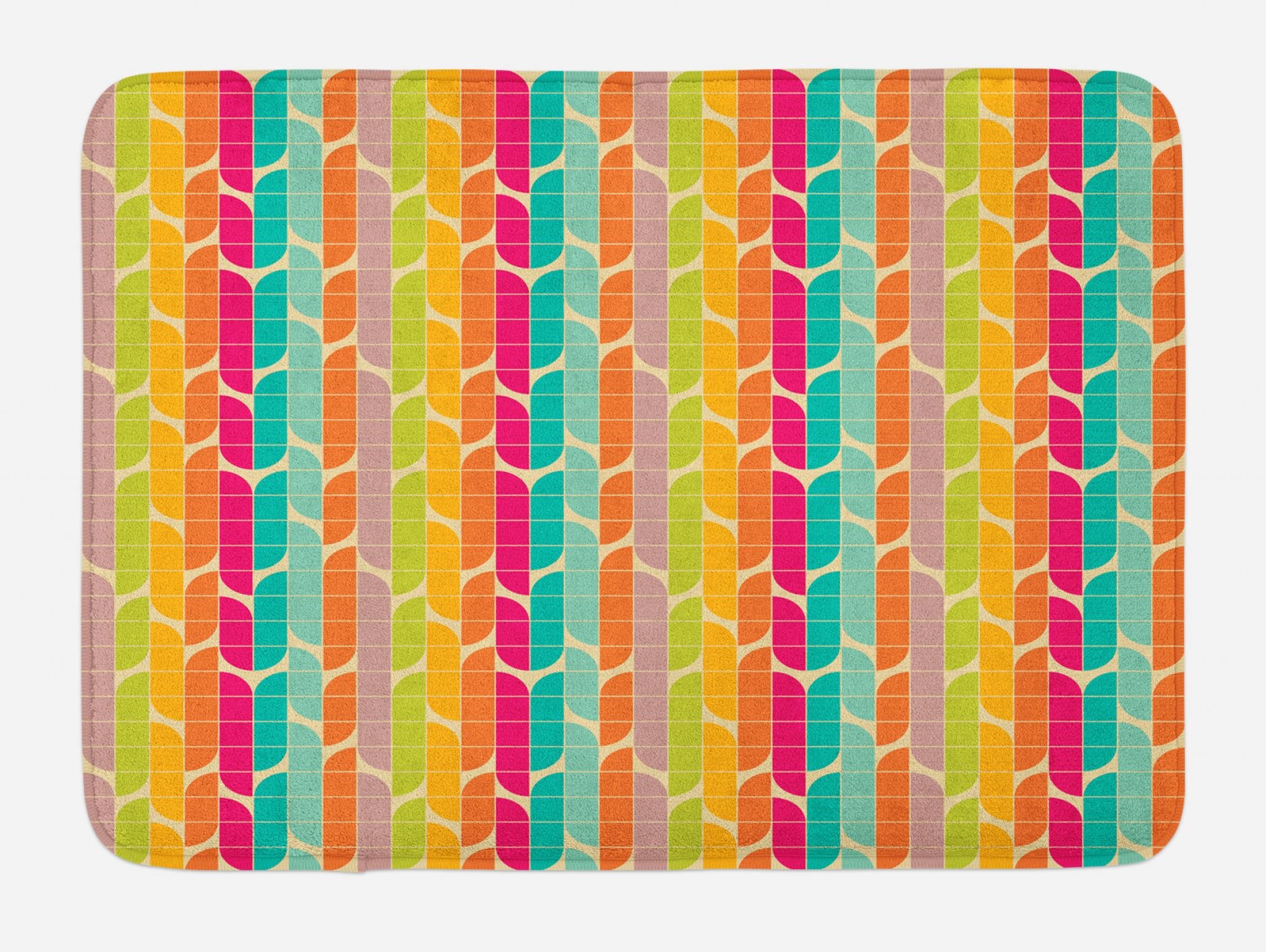 Lunarable Retro Bath Mat, Bauhaus Style Inspired Colorful Square Tiles and Quarter Circles in Modern Design, Plush Bathroom Decor Mat with Non Slip Backing, 30.2" x 20", Multicolor