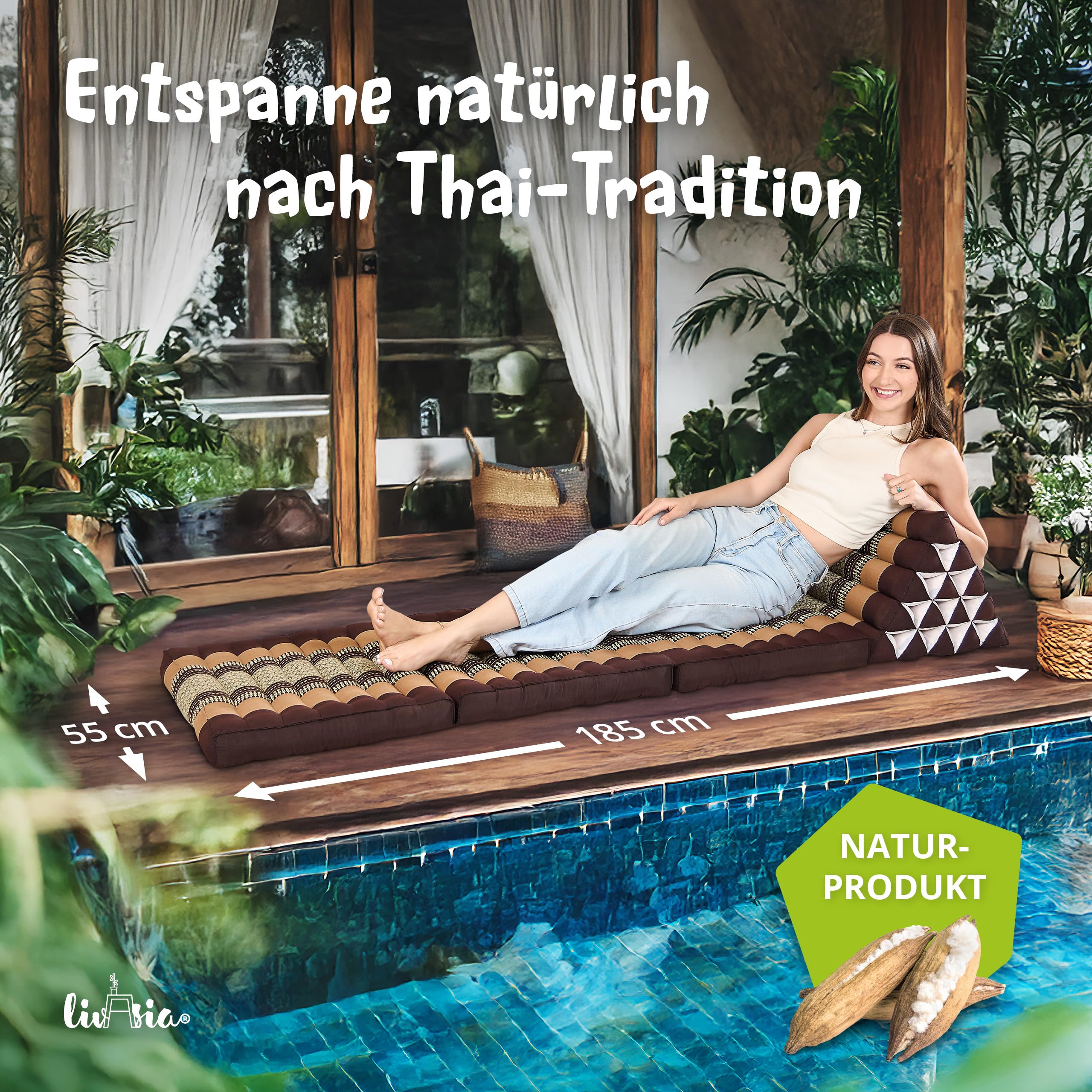 livasia Thaikissen 3 Auflagen extrahoch - 185x55x8cm - Dreieckskissen mit Klappmatratze, Kapok, Jumbo Rückenkissen faltbar, Thaimatte Klappen, handgefertigt, Meditationskissen (Braun)