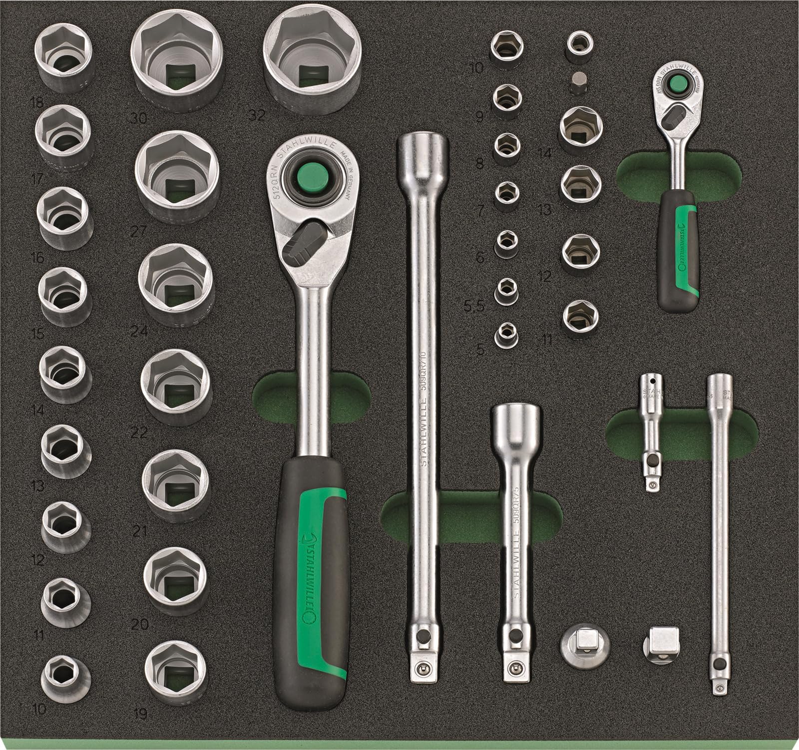 1/2 Inch + 1/4 Inch Socket Spanner Set 38 Pieces (5-30 mm) | in TCS Foam Insert | Suitable for Workshop Trolleys