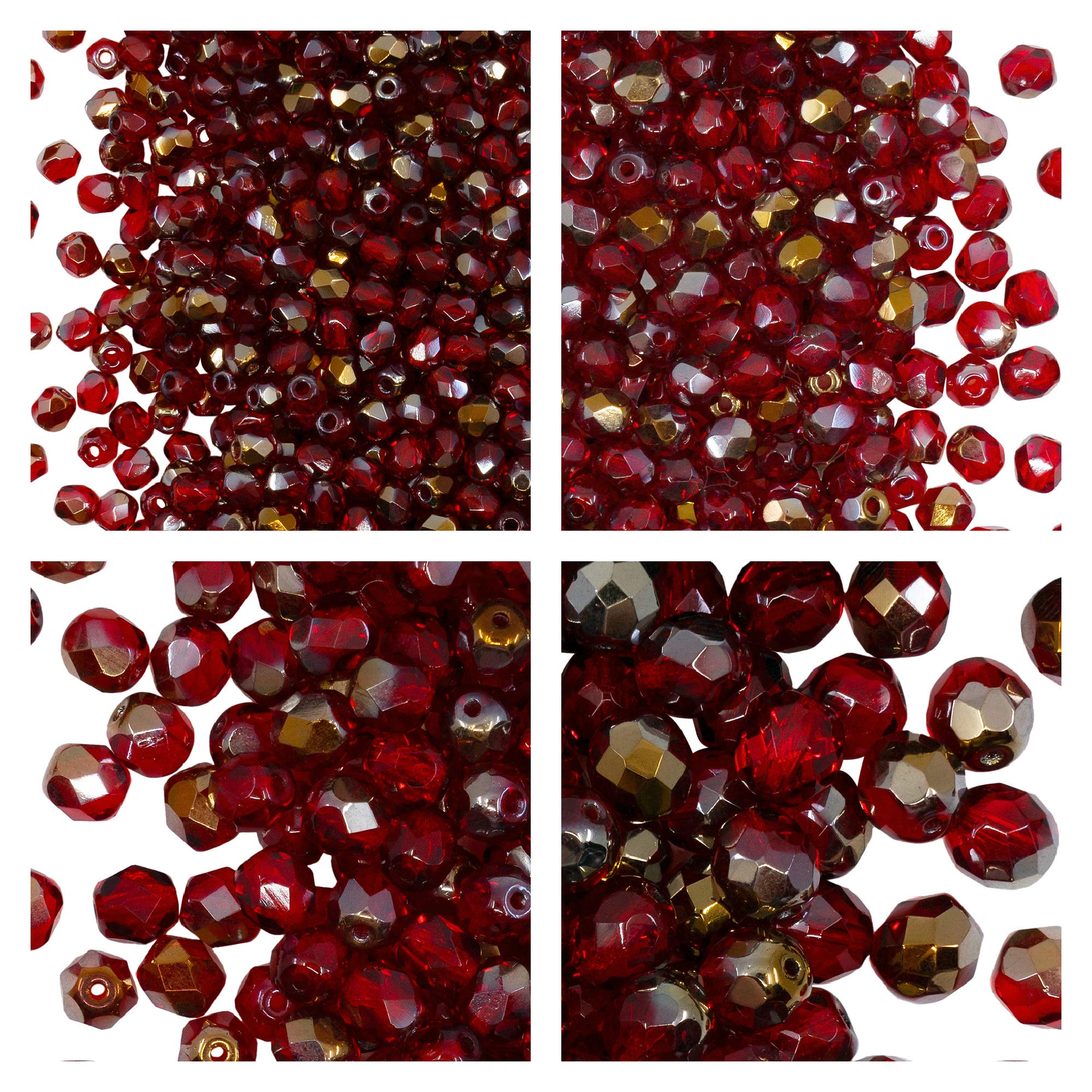 Set of Czech Glass Fire Polished Beads in Ruby Valentinite Color for Making Jewelry and Crafts - Different Sizes 3 mm, 4 mm, 6 mm, 8 mm. Total 275 Pieces.