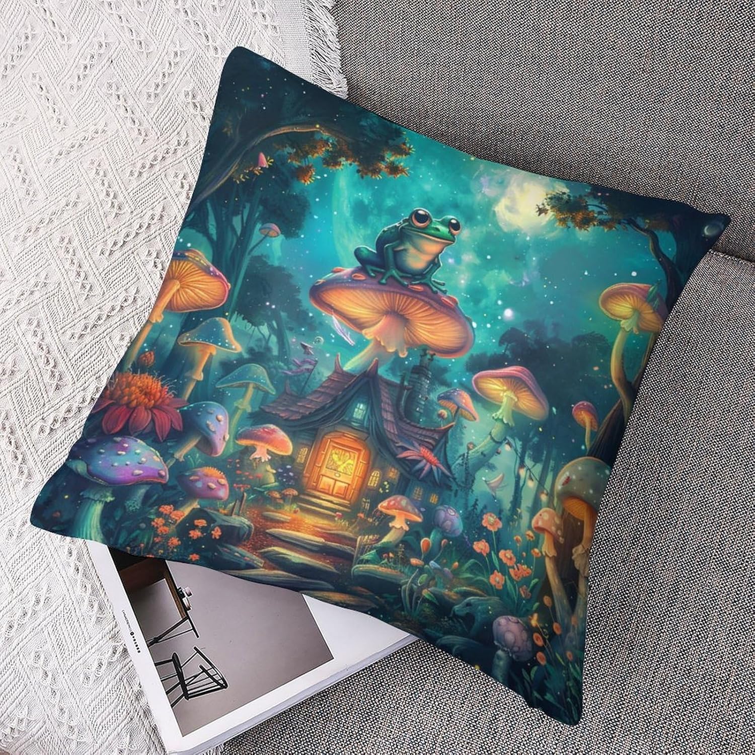 2 Packs Forest Fantasy Throw Pillow Covers for Living Room, Mystical Mushroom Cottage Frog Pillow Covers Cushion Case for Couch Sofa Bed, 20x20 inch