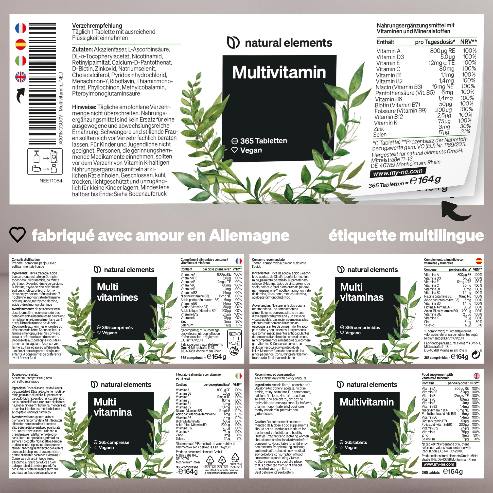 Multivitamines – 365 comprimés véganes – provision annuelle – précieuses vitamines de A à Z, avec vitamines K1 et K2 – sans additifs inutiles – produit et contrôlé en laboratoire en Allemagne