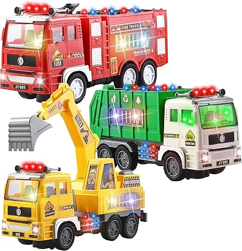 JOYIN Camiones de juguete 3 en 1 camión de bomberos de juguete automático Bump Go de juguete camión de basura excavadora de juego con luces 4D y