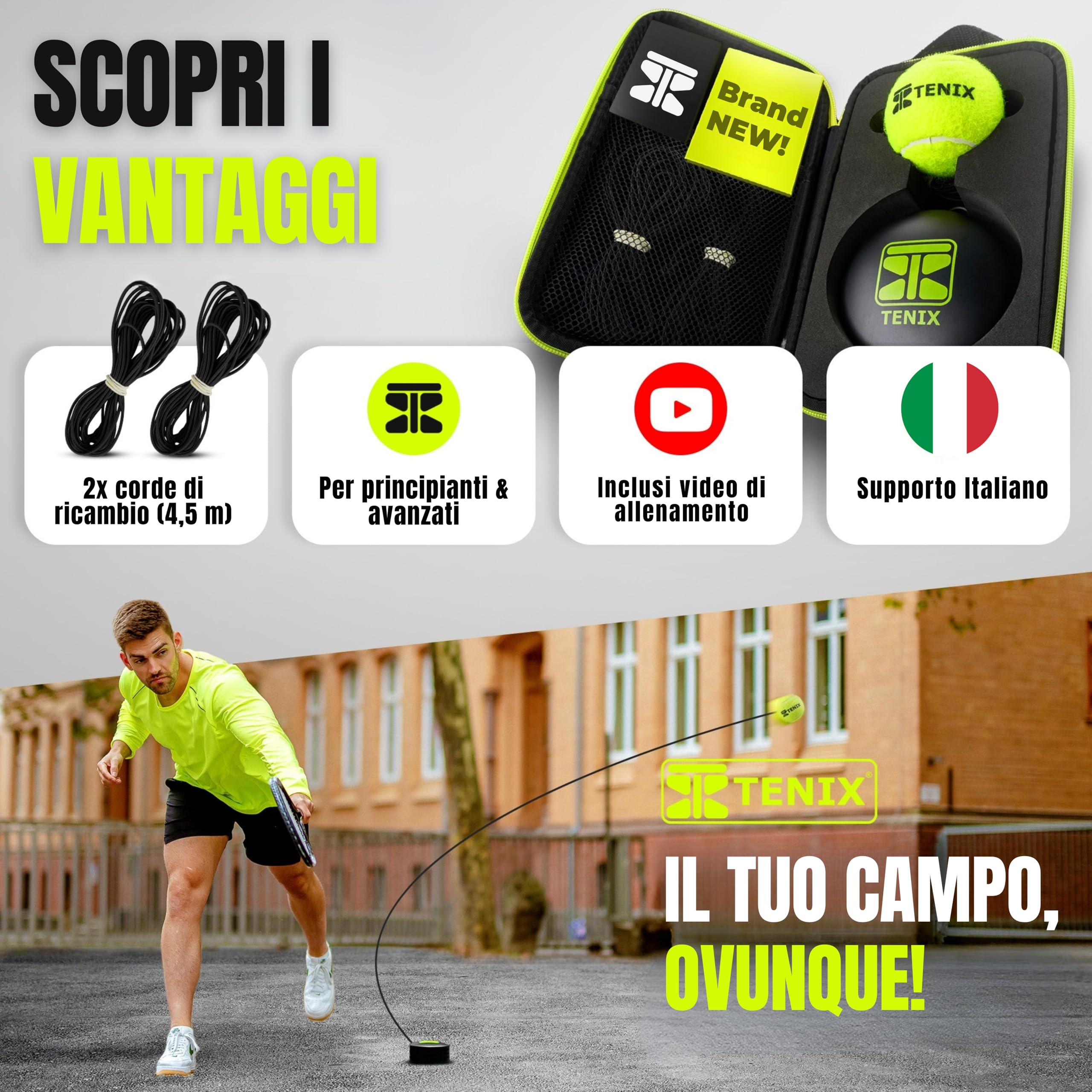 TENIX® Tennis Trainer [con Power-Grip-System] Allenamento Tennis da Solo per Bambini e Adulti | Gioca in Giardino, al Parco o sul Campo | Il Tuo Allenatore Tennis Tascabile con Rimbalzo Infinito!