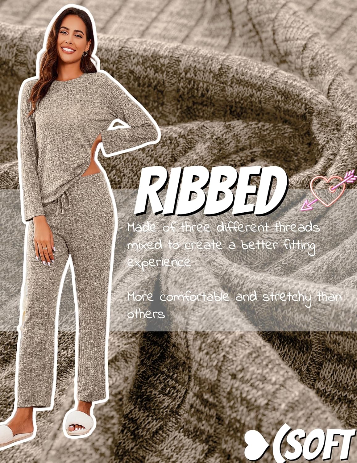 Ekouaer Womens Ribbed Knit Lounge Set Long Sleeve Top and Long Pants Sleepwear Pajama Set Two Piece Matching Set with Pockets - Image 4