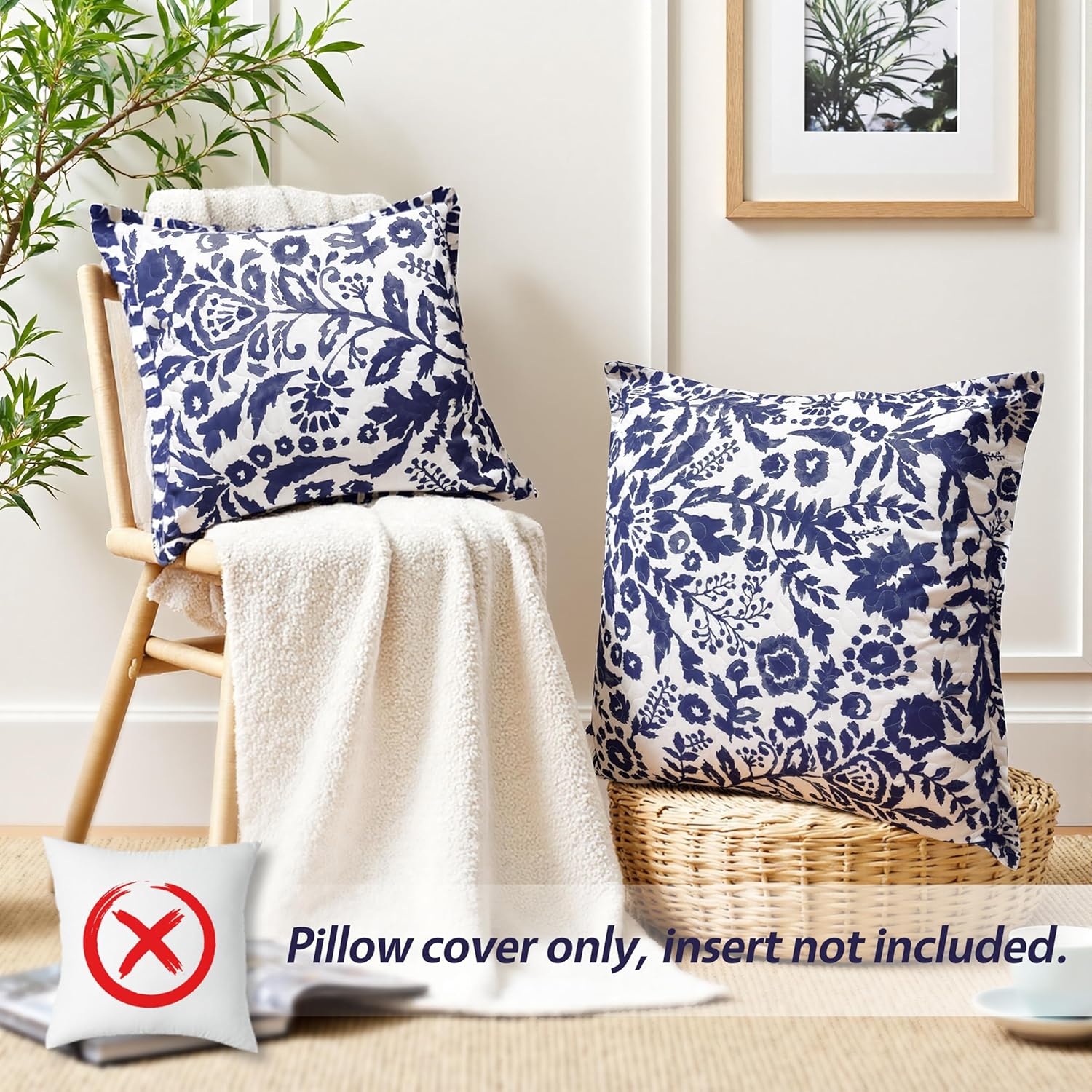 DriftAway Julia Watercolor Quilted Pillow Covers Blooming Flower Floral Printed Decorative Square for Home Sofa Bedroom Bed Decor 26 x 26 Inches 2PC Navy