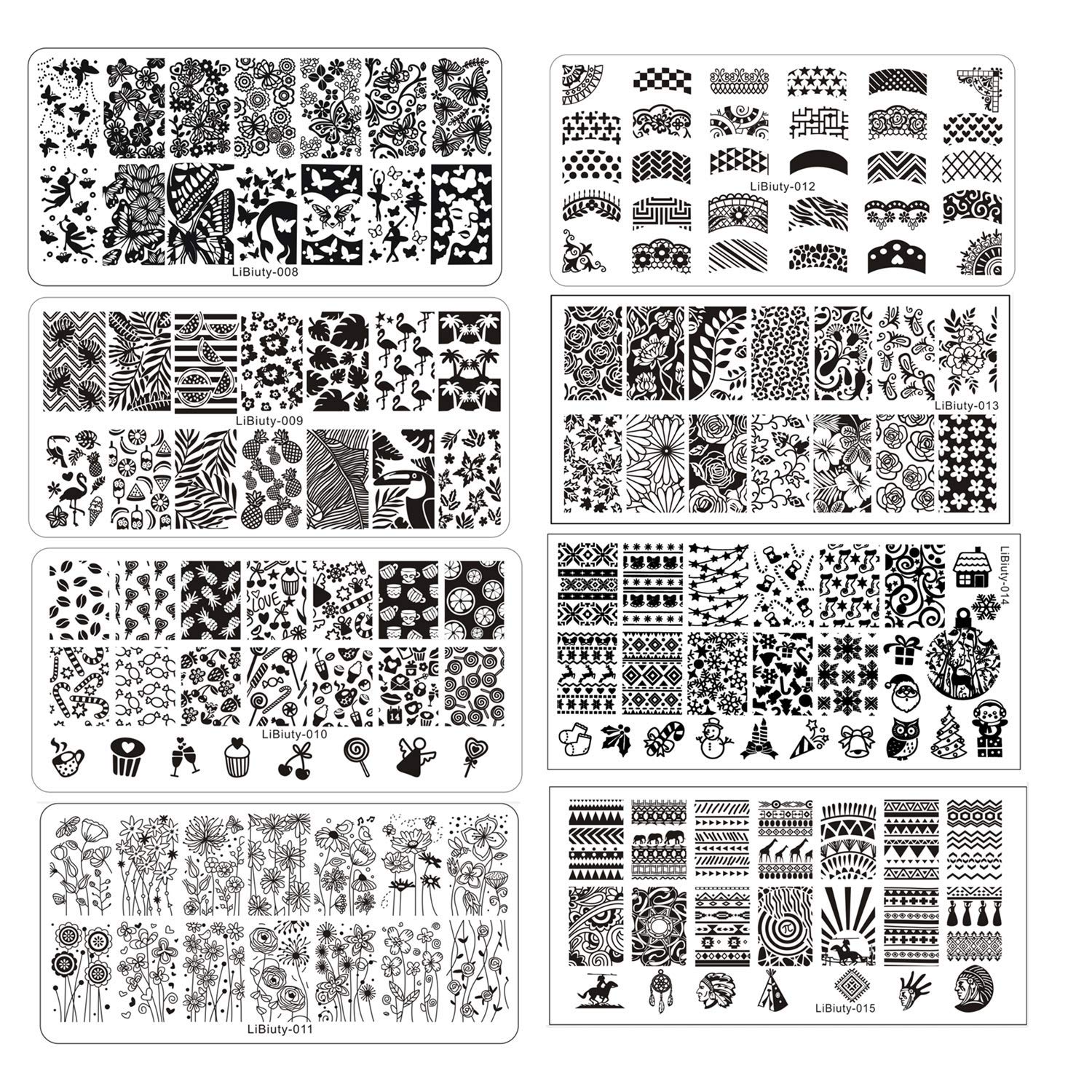 15Pcs nail Art Templates Stamping Plate Geometry Lace Flower Animal Fruit Holiday Pattern Plates DIY Nail Art Set with Clear Stamper Scraper