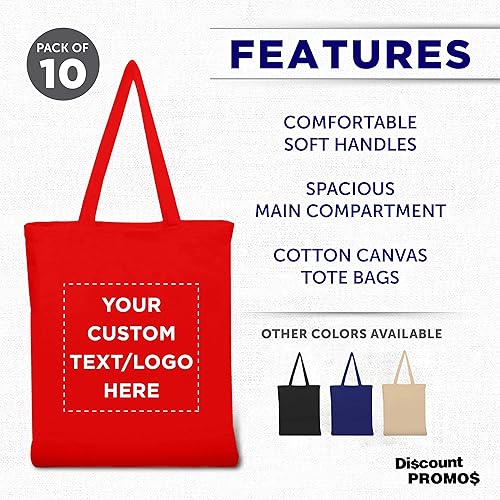 Miniatura 2 de DISCOUNT PROMOS Juego de 10 bolsas de lona de algodón personalizadas, reutilizables, ideales para ir de compras, comestibles, playa, picnic,