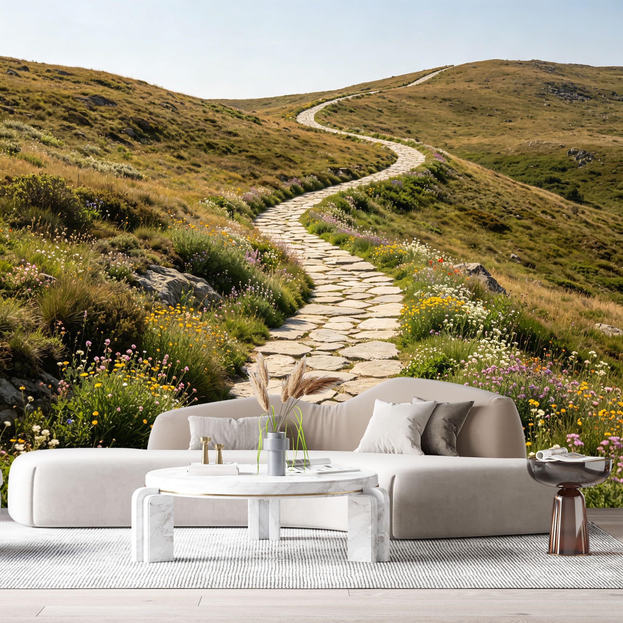 Custom Size Wall Murals Mountain Path Landscape Botanical Stone Trail Wildflowers SelfAdhesive Wall Fabric Removable Large Wallpaper for Photo Living Room