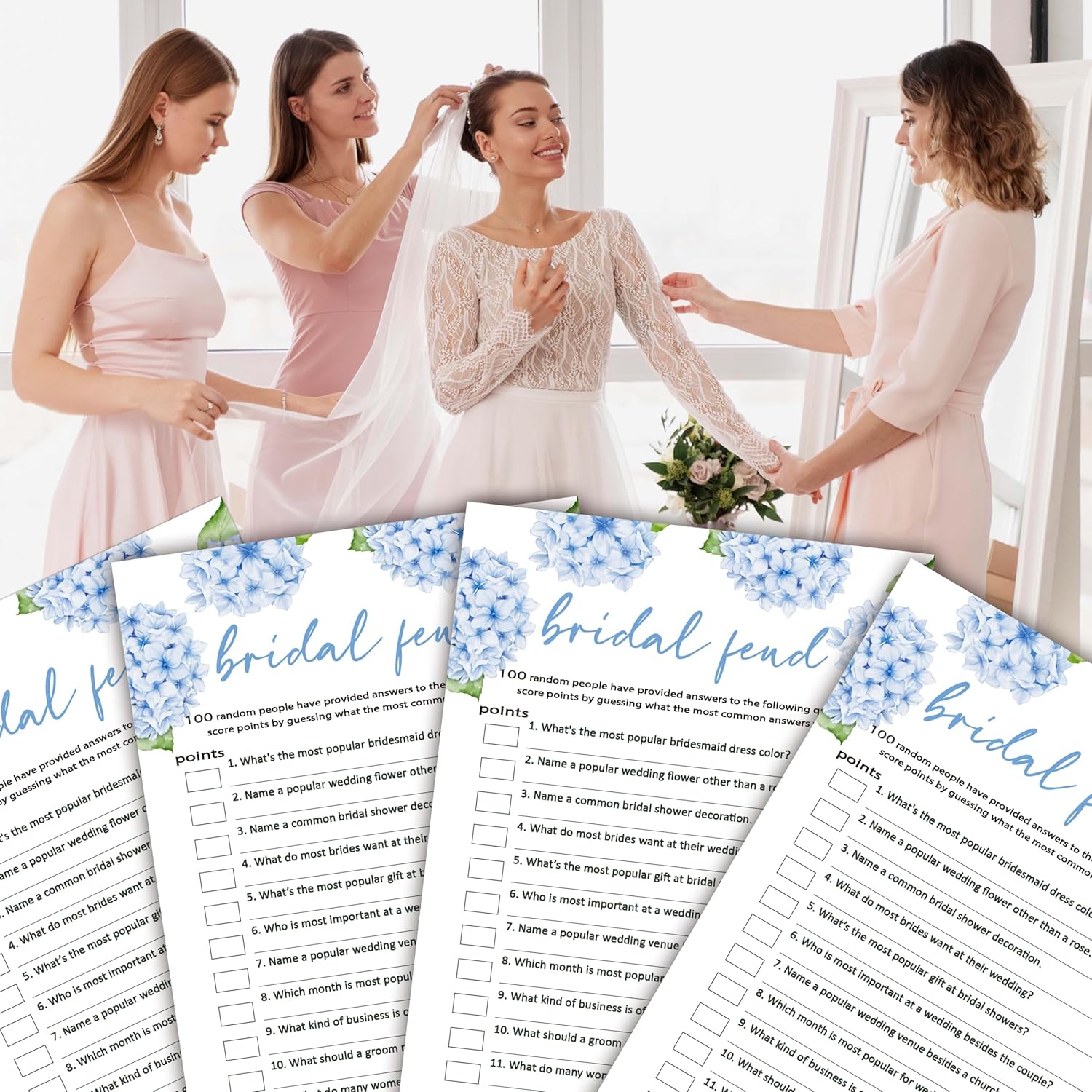 Bridal Shower Games, Blue Hydrangea Wedding Shower Game Cards, Bachelorette Party Games For Bride Groom Newlyweds Couples, Engagement Wedding Party Decorations Supplies Favors, 25 Game Cards，e01