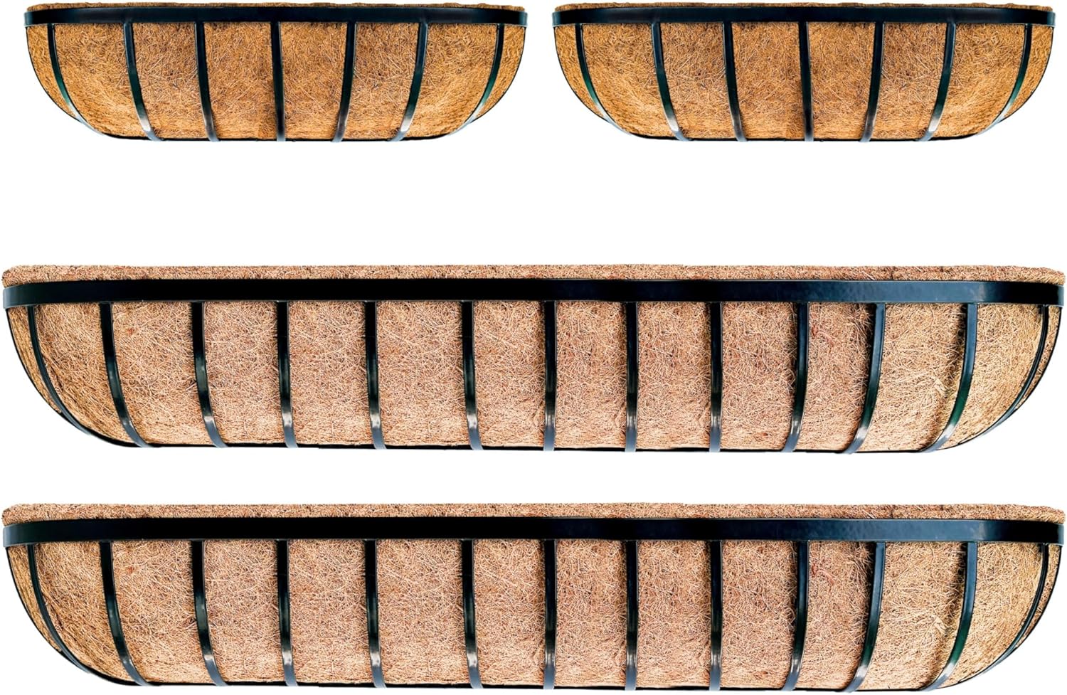 LaLaGreen Bundle- 2 Pack, 24 Inch Rectangular Metal Basket + 2 Pack, 48 Inch Metal Basket with Coco Liner, Large Window Flower Boxes Plant Holder Deck Railings Fence Horse Trough Modern Balcony Decor