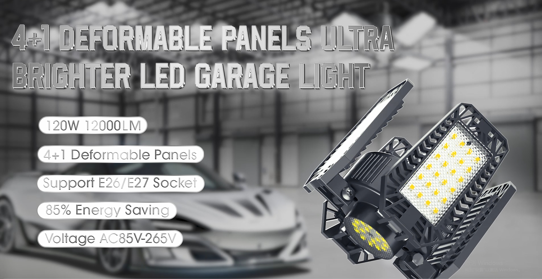4 Pack LED Garage Lights - 120W 12000LM Deformable Panels, 6500K Daylight For Workshop & Warehouse