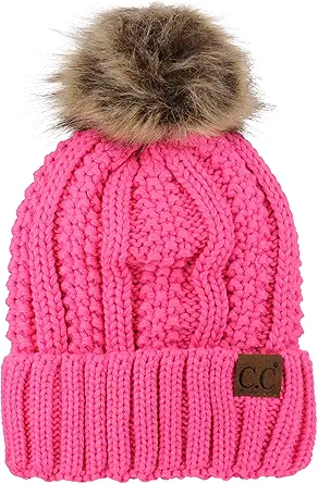 C.C Thick Cable Knit Faux Fuzzy Fur Pom Fleece Lined Skull Cap Cuff Beanie