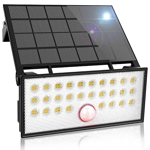 Solar Flood Lights Outdoor 5000Lm, Solar Motion Sensor Lights Waterproof IP67, Solar Powered Security Lights, Adjustable 3 Mode Wall Lights for Patio, Garage, Porch(1 Pack Warm White)