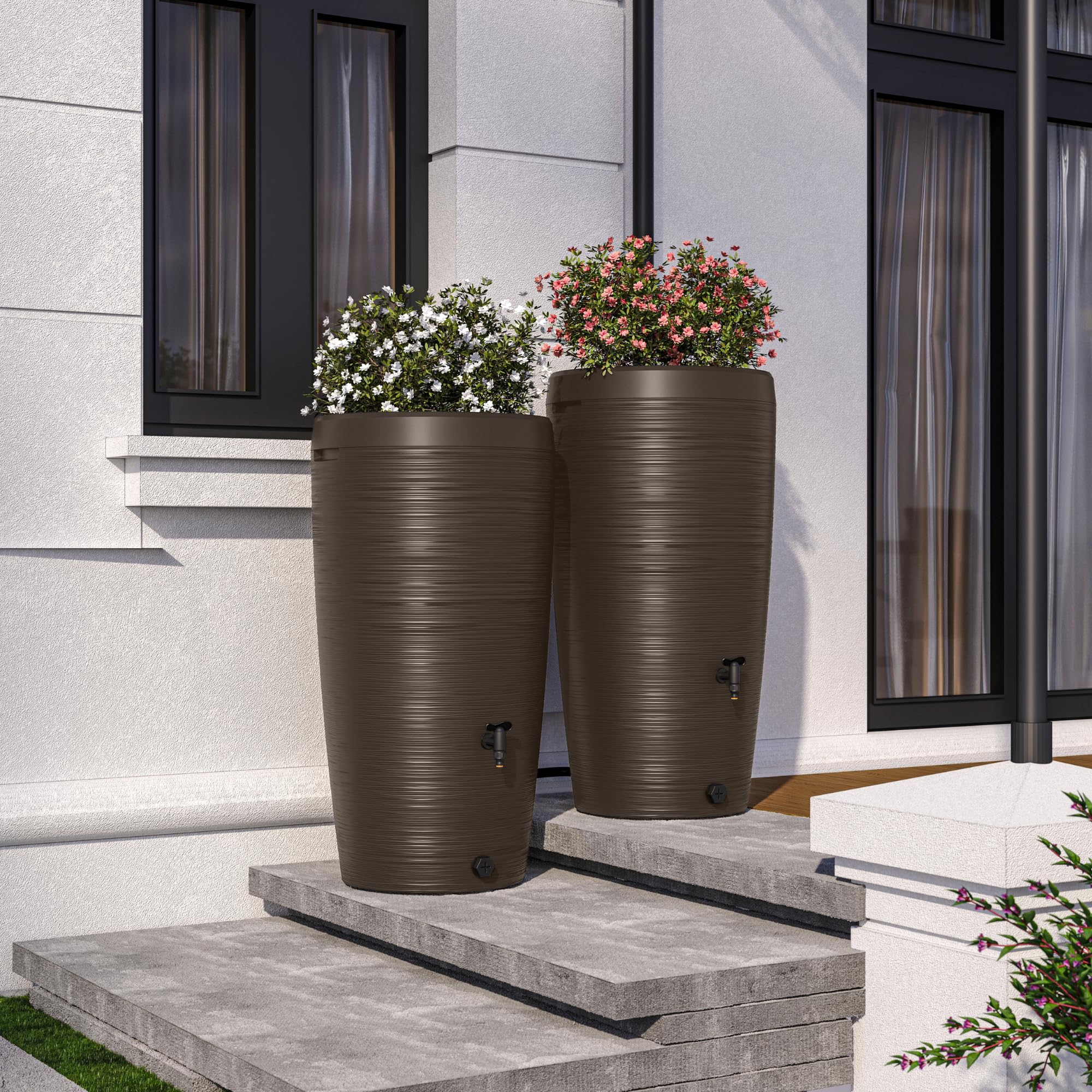 YourCasa Regentonne 240 Liter [Aquasplash] Messing Wasserhahn & Deckel - Regenfass Frostsicher aus Kunststoff - Regenwassertonne - Regenwassertank Garten Wassertank Regensammler Wasserfass (Mocha)
