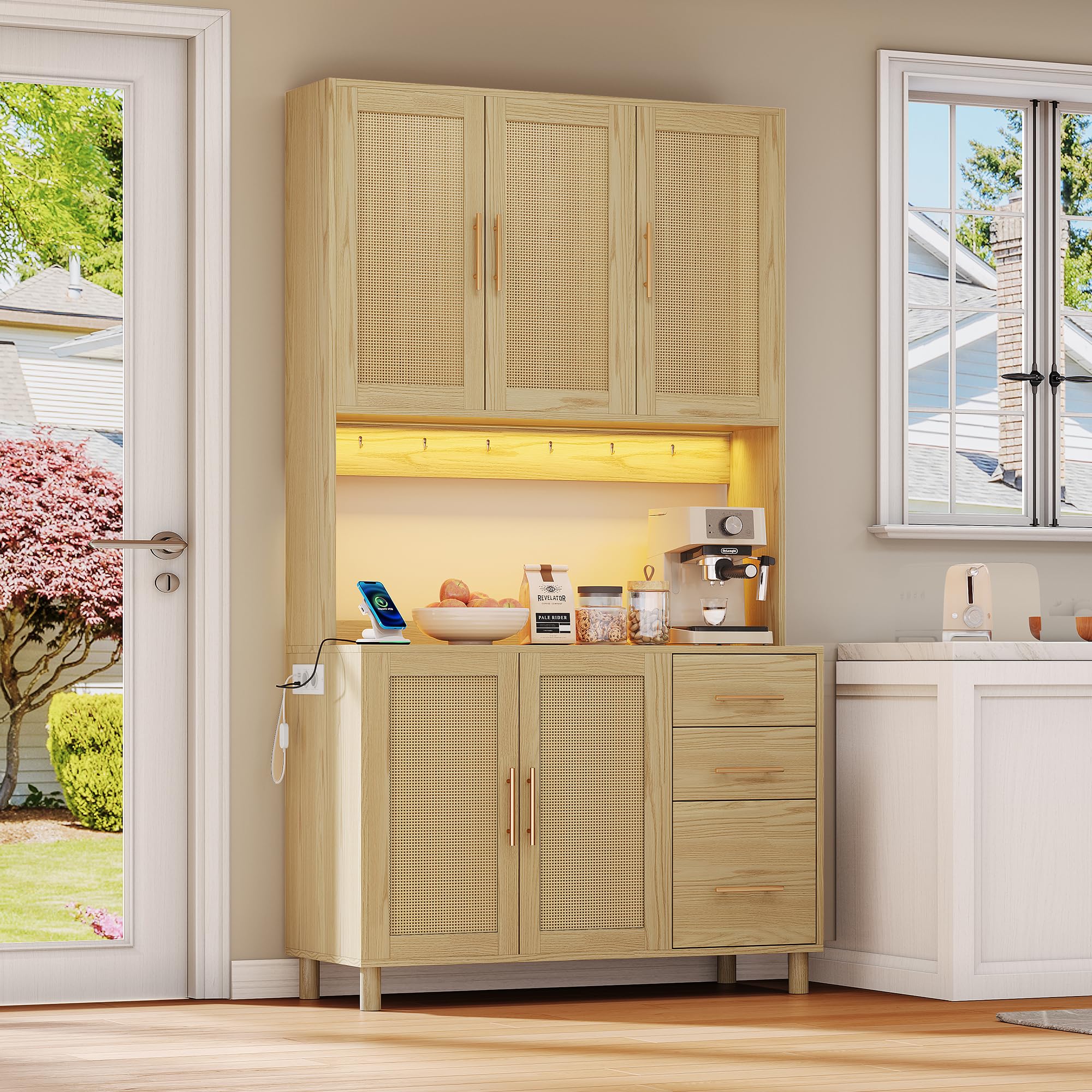 Buffet de cuisine de 183 cm de haut, avec comptoir de buffet, éclairage décoratif LED contrôlable via une application, équipé de 2 ports USB et de 2 prises électriques, étagères réglables, 3 tiroirs