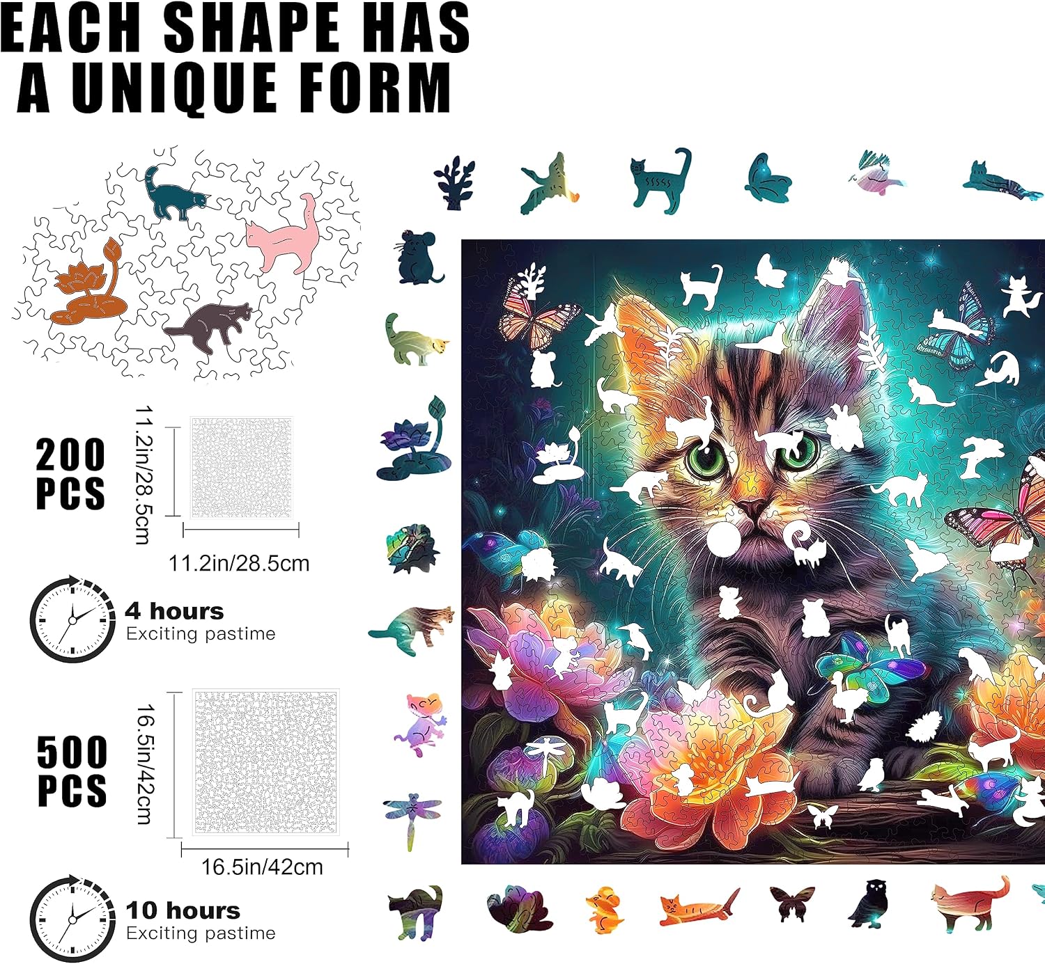 MYS Aurora Wooden Puzzles, Cat Wooden Jigsaw Puzzles 200 Piece, Unique Luxurious Packaging Shaped Animal Wood Puzzle for Adults and Kids, Best Gift for Birthday 11.2 x 11.2 Inch