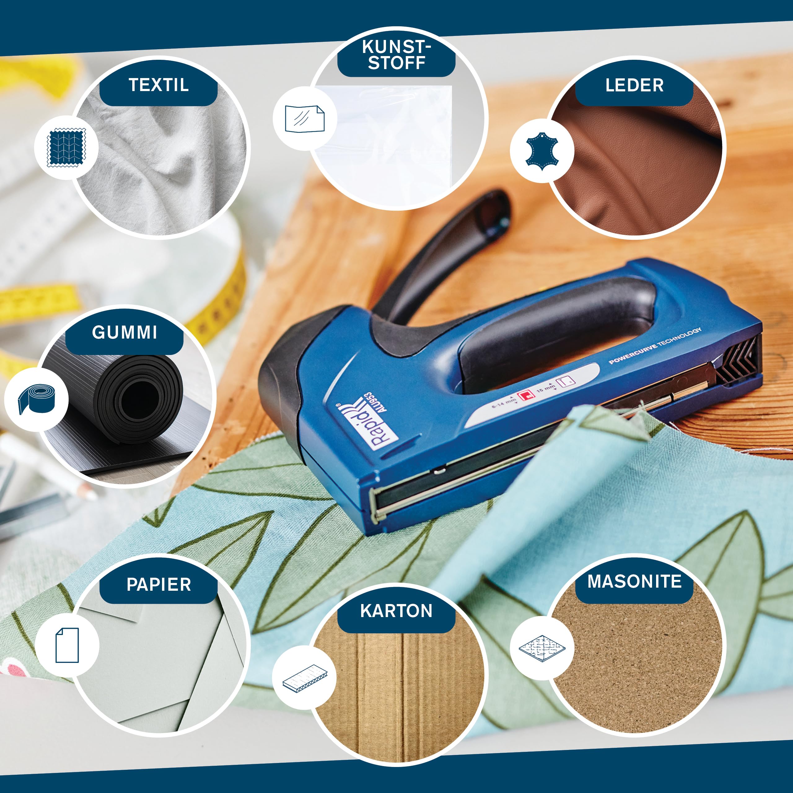 Rapid Handtacker ALU953 aus Aluminium für Typ 53 Klammern & Typ 8 Nägel | Für Holz & Stoffe; Typ 53 (6-14 mm); Typ 8 (15 mm); Aluminiumgehäuse; 3-Stufen-Schlagkraftregelung; 65% leichter auszulösen
